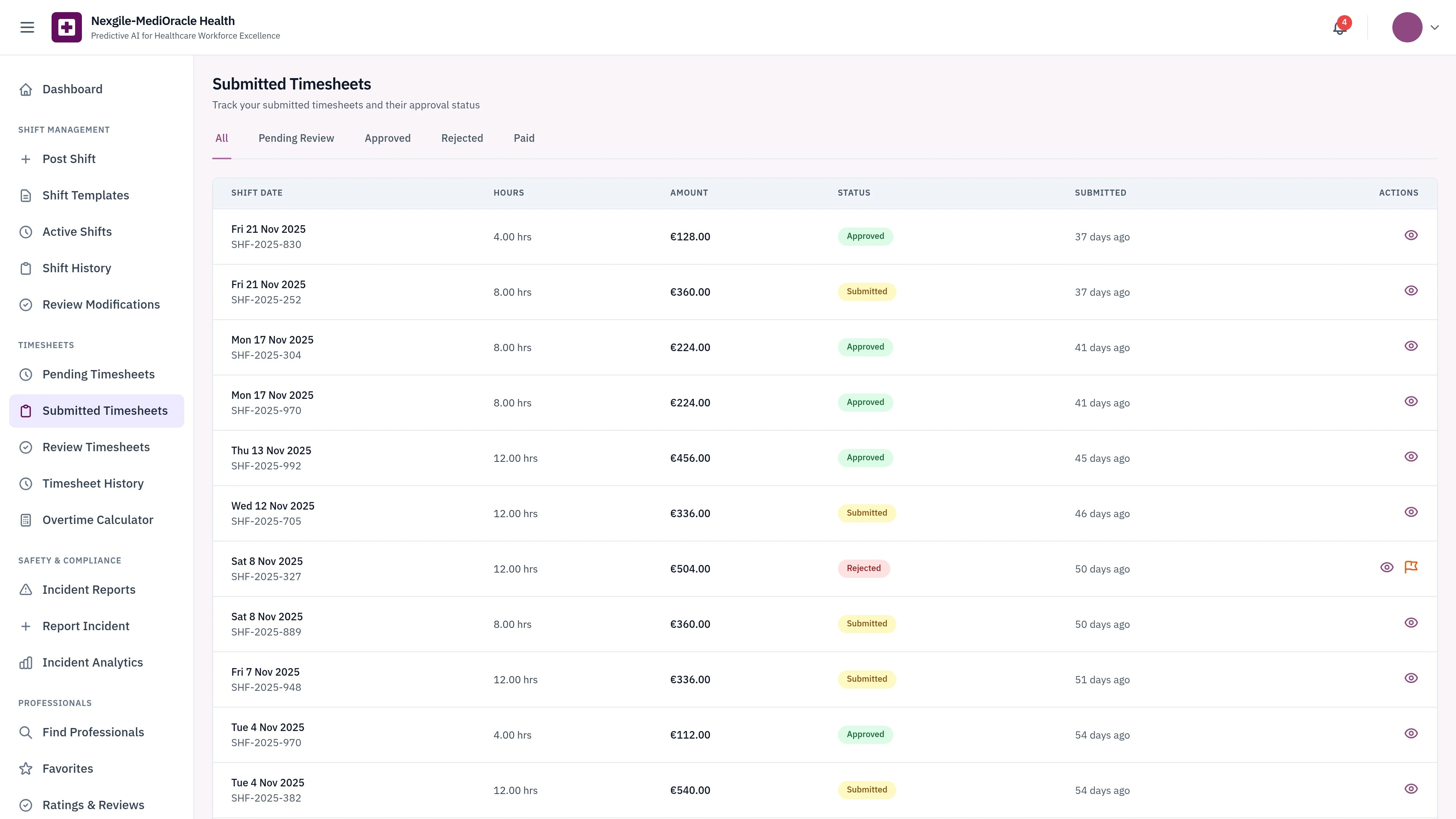 Illustrative preview (sample data, not verified outcomes): Submitted Timesheets - Digital timesheet management with GPS-verified clock-in/out and approval workflow