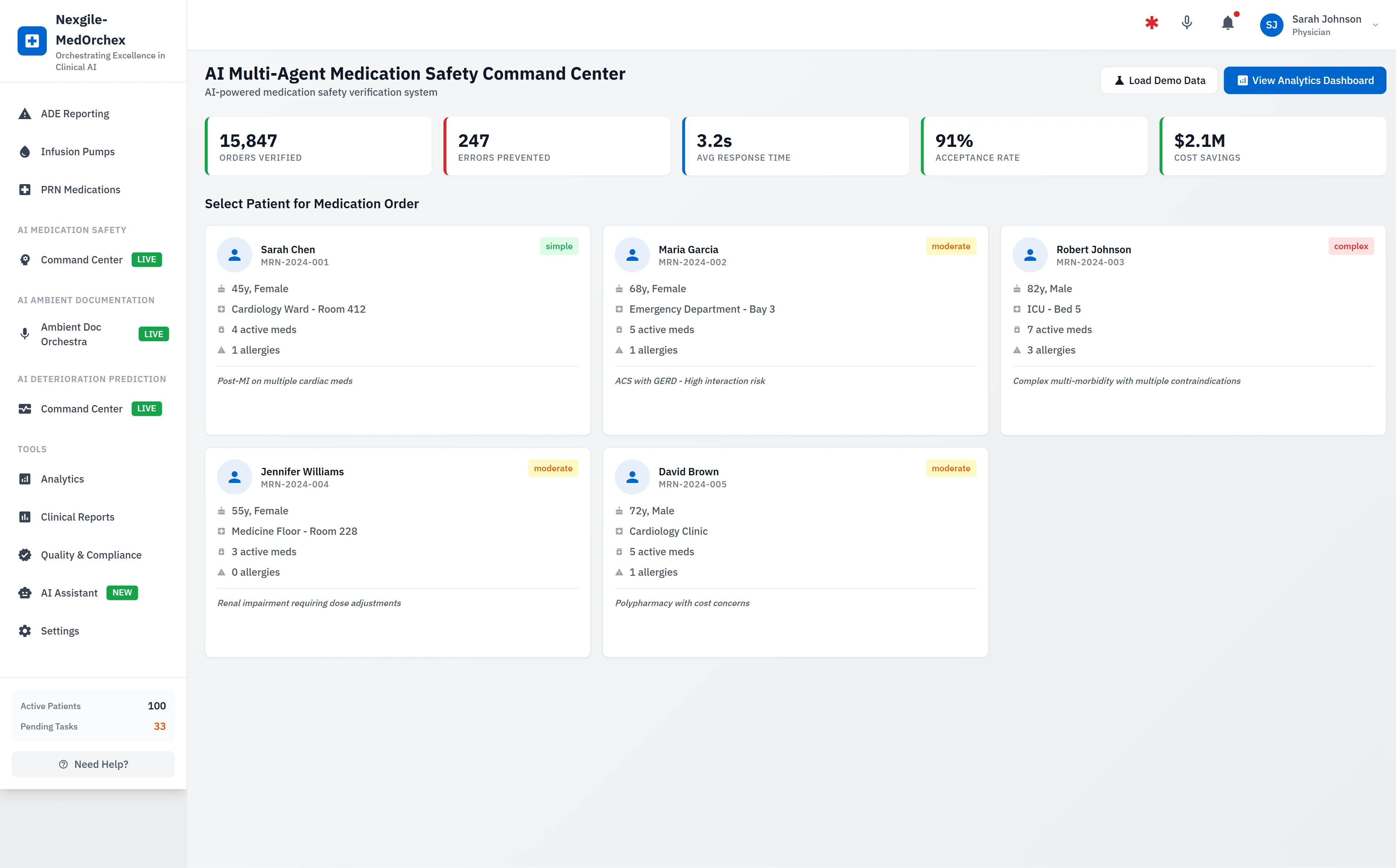 Illustrative preview (sample data, not verified outcomes): Command Center Dashboard - Patient Selection with Risk Complexity & Performance Metrics