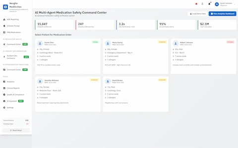 Illustrative preview (sample data, not verified outcomes): Command Center Dashboard - Patient Selection with Risk Complexity & Performance Metrics