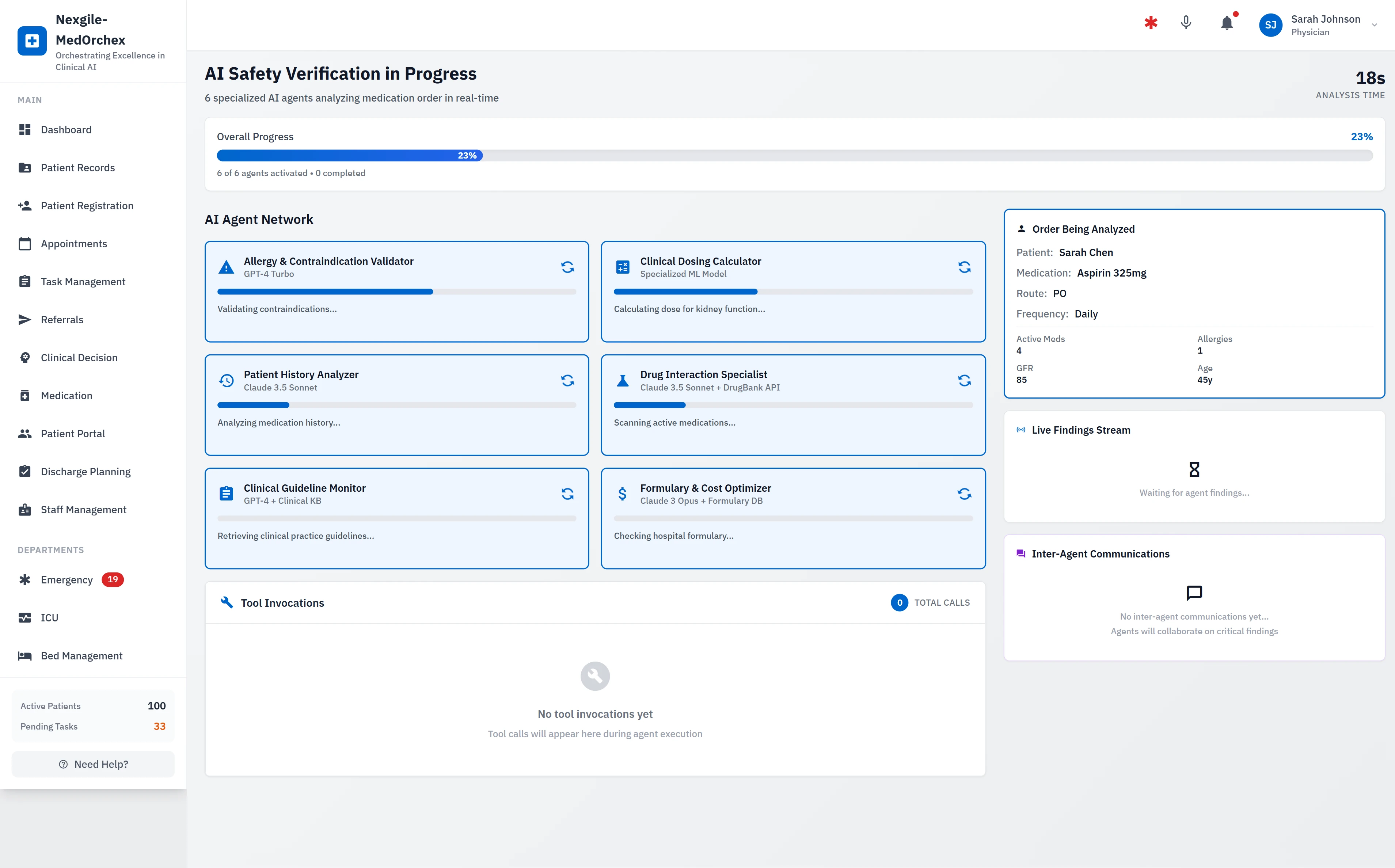 Illustrative preview (sample data, not verified outcomes): AI Safety Verification in Progress - 6 Specialized Agents Analyzing in Real-Time
