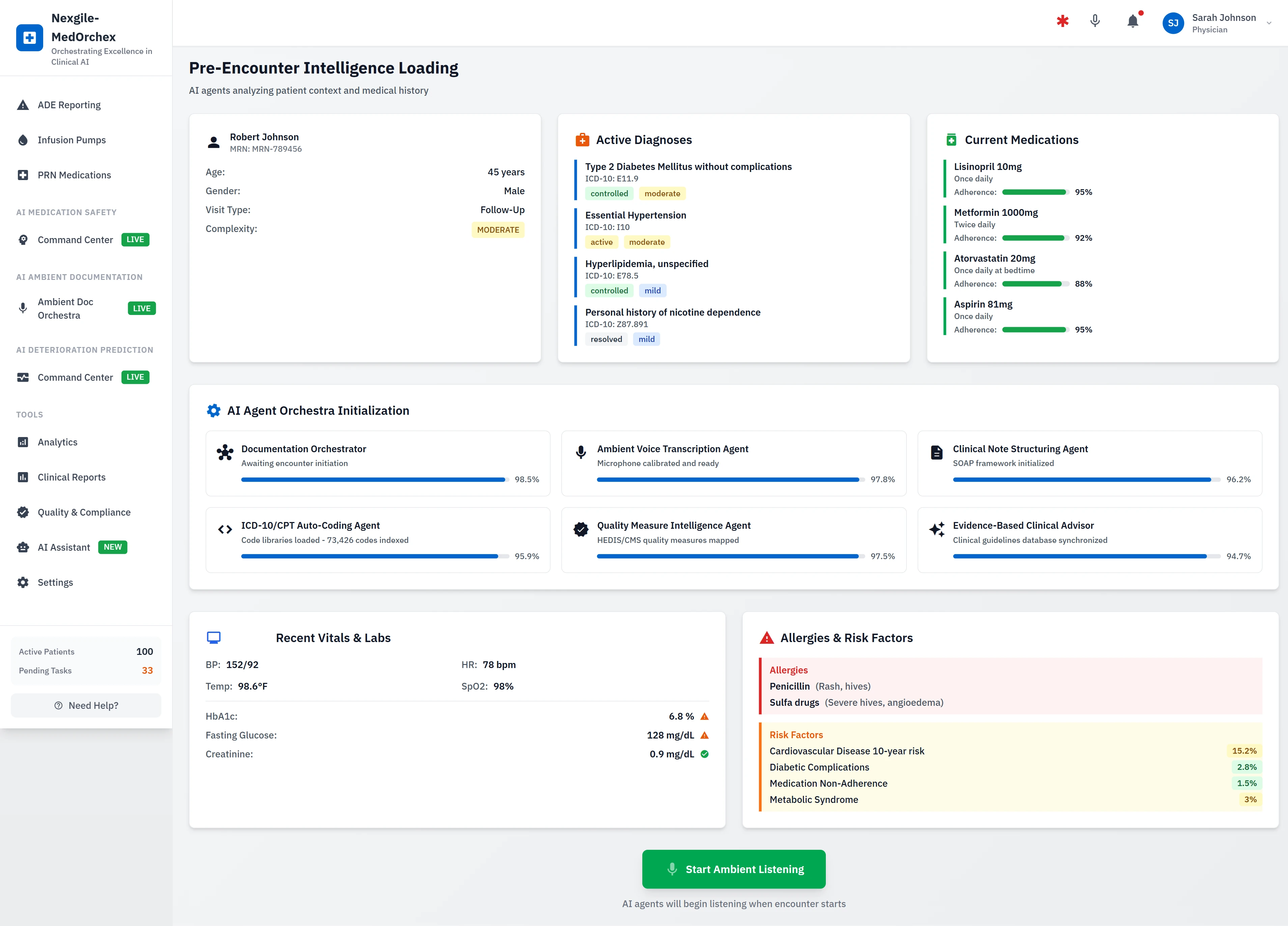 Illustrative preview (sample data, not verified outcomes): Pre-Encounter Intelligence Loading - AI Agents Analyzing Patient Context & Medical History
