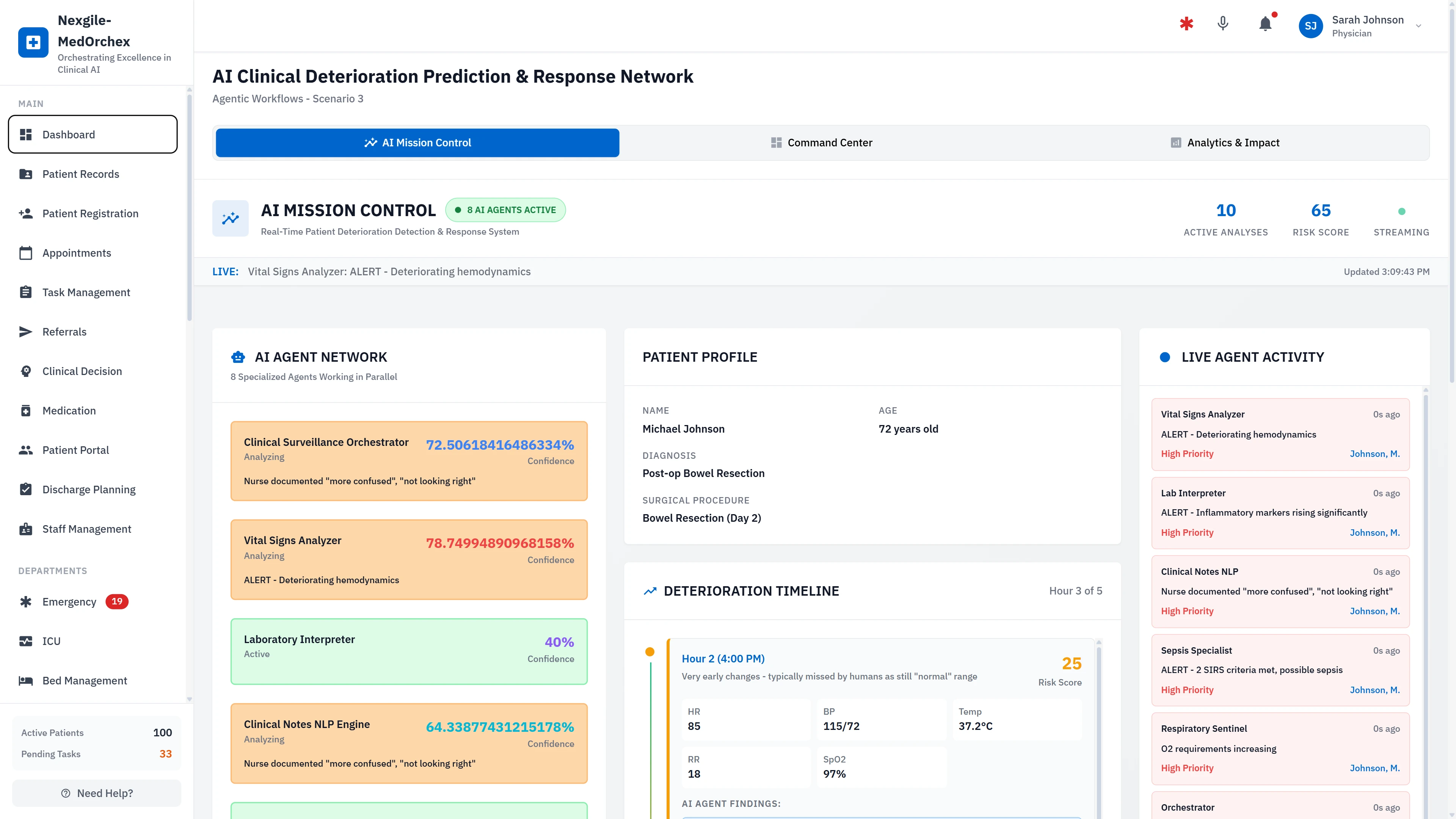 Illustrative preview (sample data, not verified outcomes): AI Mission Control - Real-Time Deterioration Detection with 8 Active Agents & Patient Timeline