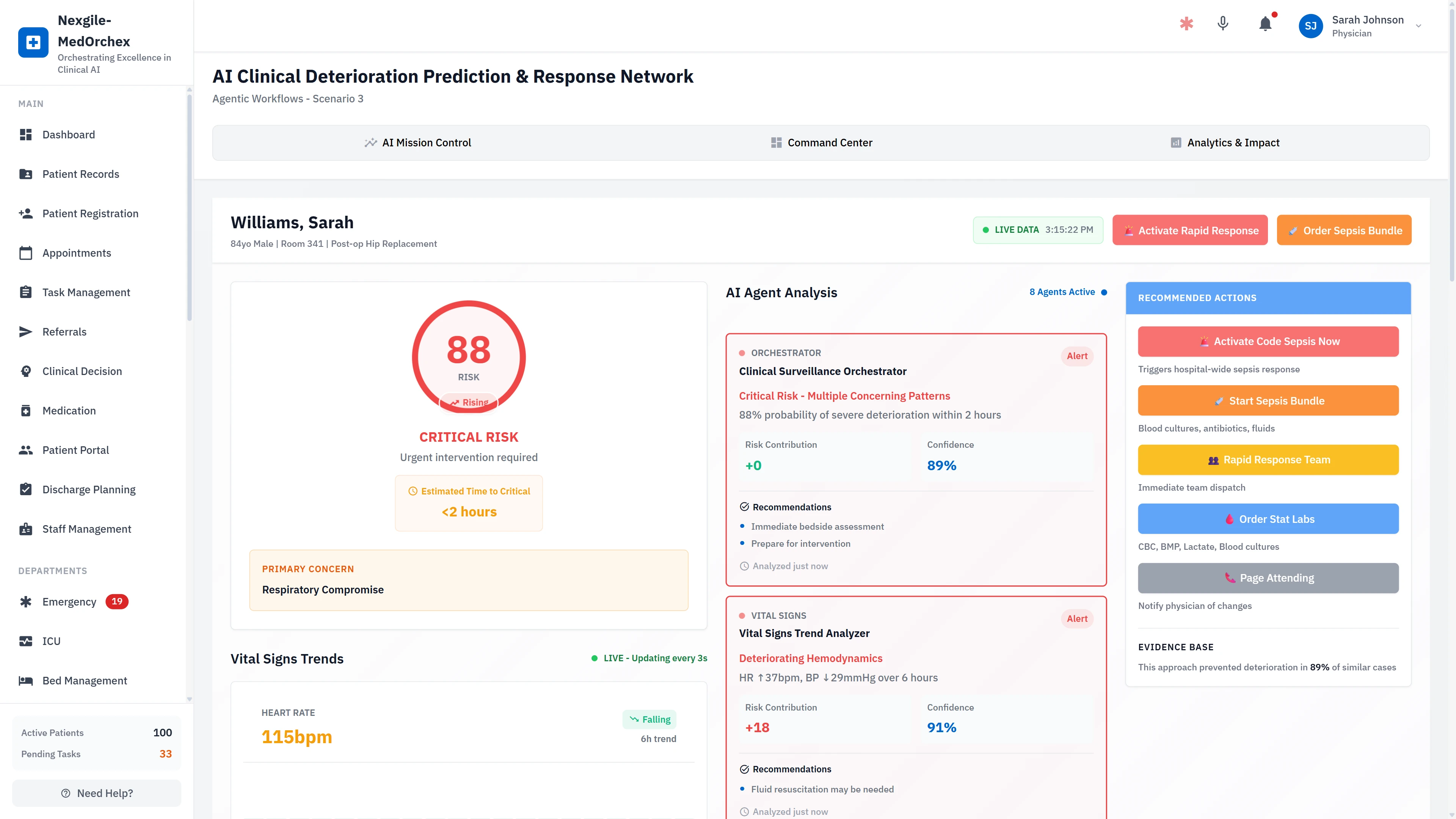 Illustrative preview (sample data, not verified outcomes): Patient Detail View - Critical Risk Analysis with Vital Signs Trends & AI Recommended Actions