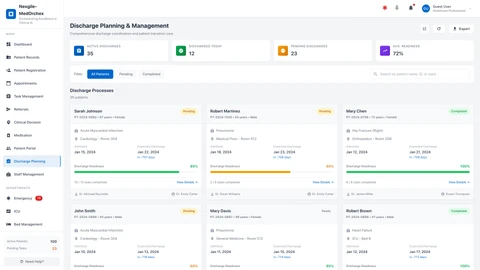Illustrative preview (sample data, not verified outcomes): Discharge Management Portal
