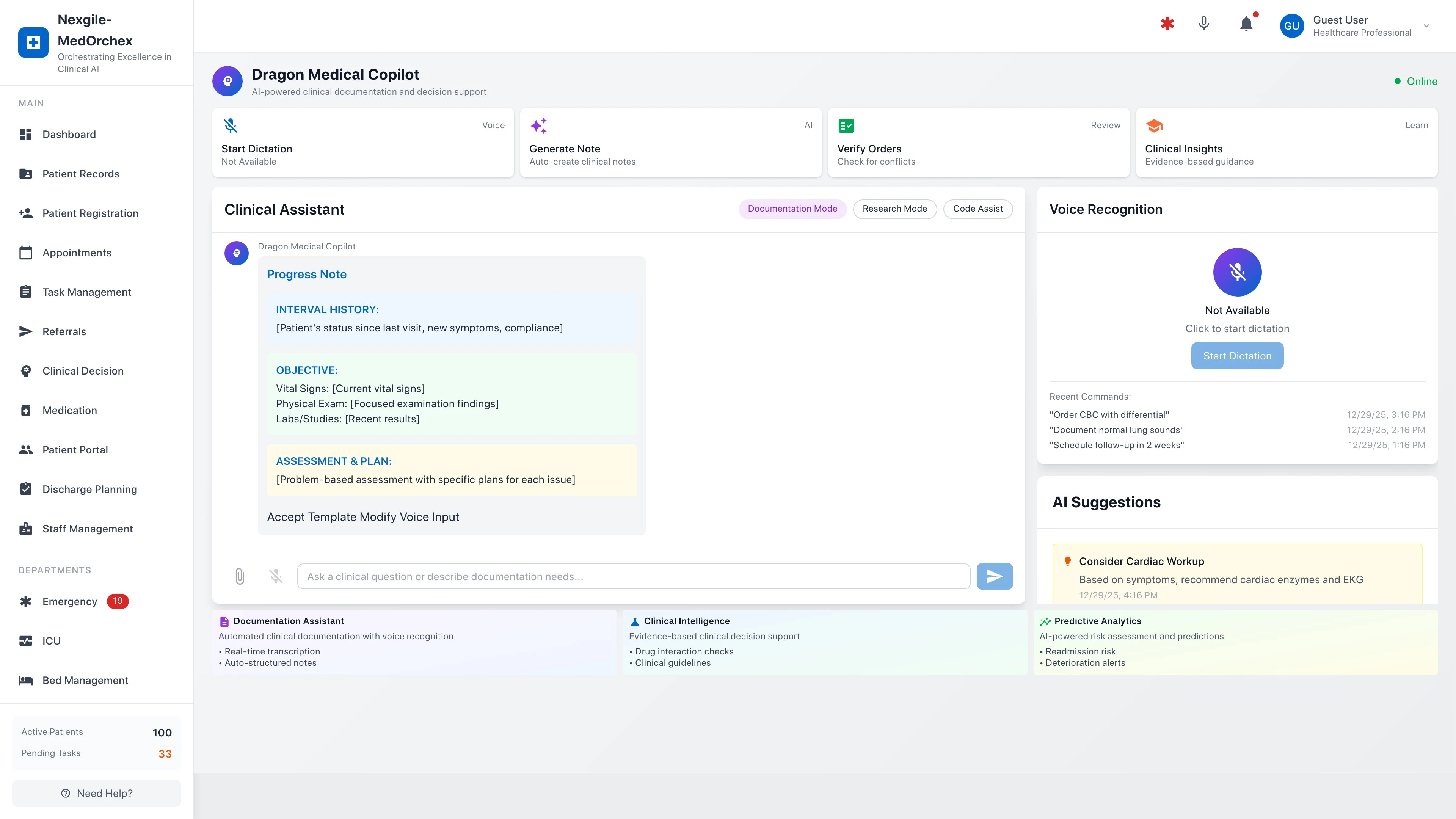 Illustrative preview (sample data, not verified outcomes): AI Assistant - Healthcare Portal Interface