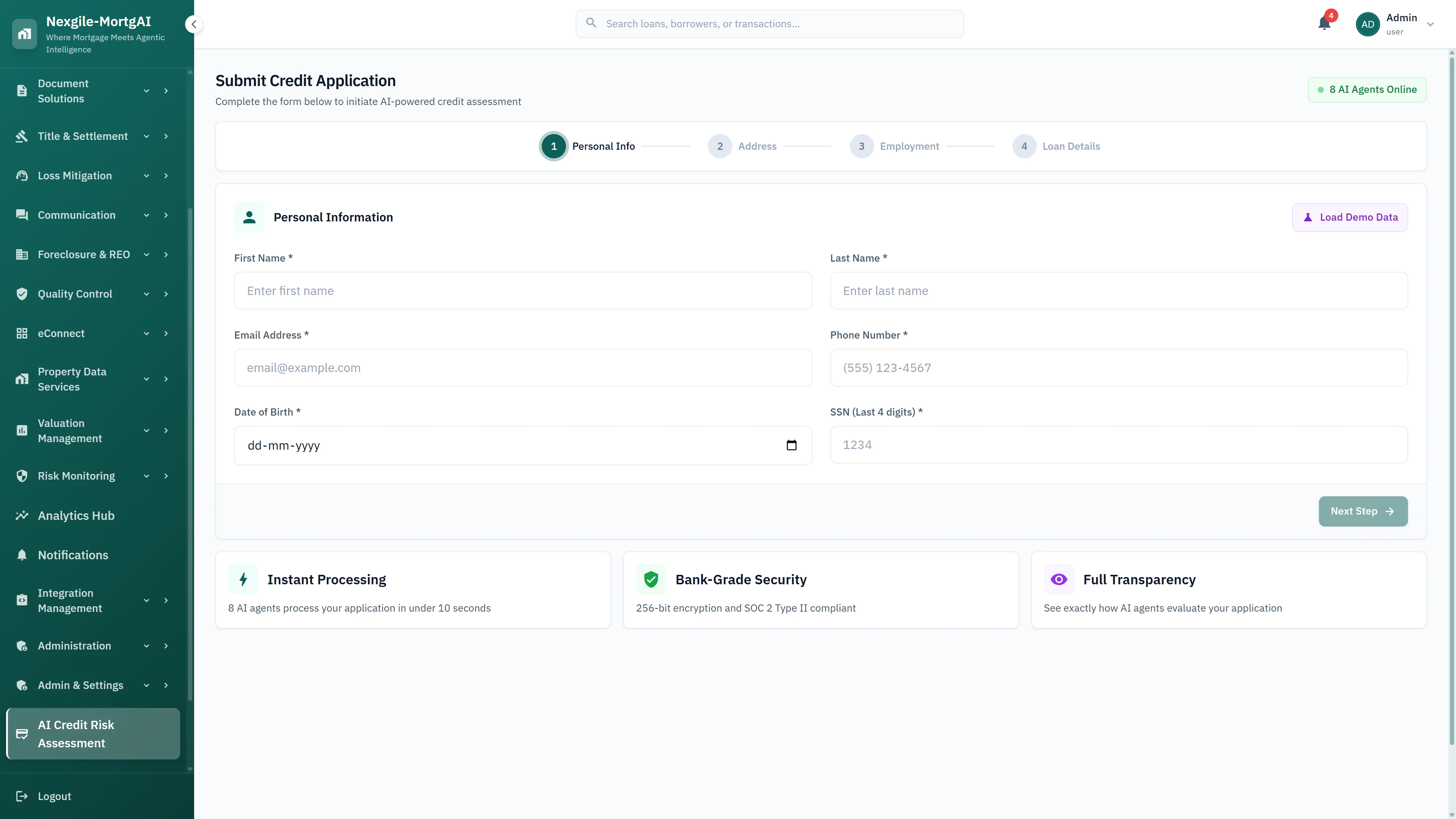 Illustrative preview (sample data, not verified outcomes): Credit application submission form with 4-step wizard capturing personal info, address, employment, and loan details with instant AI processing
