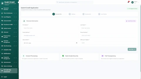 Illustrative preview (sample data, not verified outcomes): Credit application submission form with 4-step wizard capturing personal info, address, employment, and loan details with instant AI processing