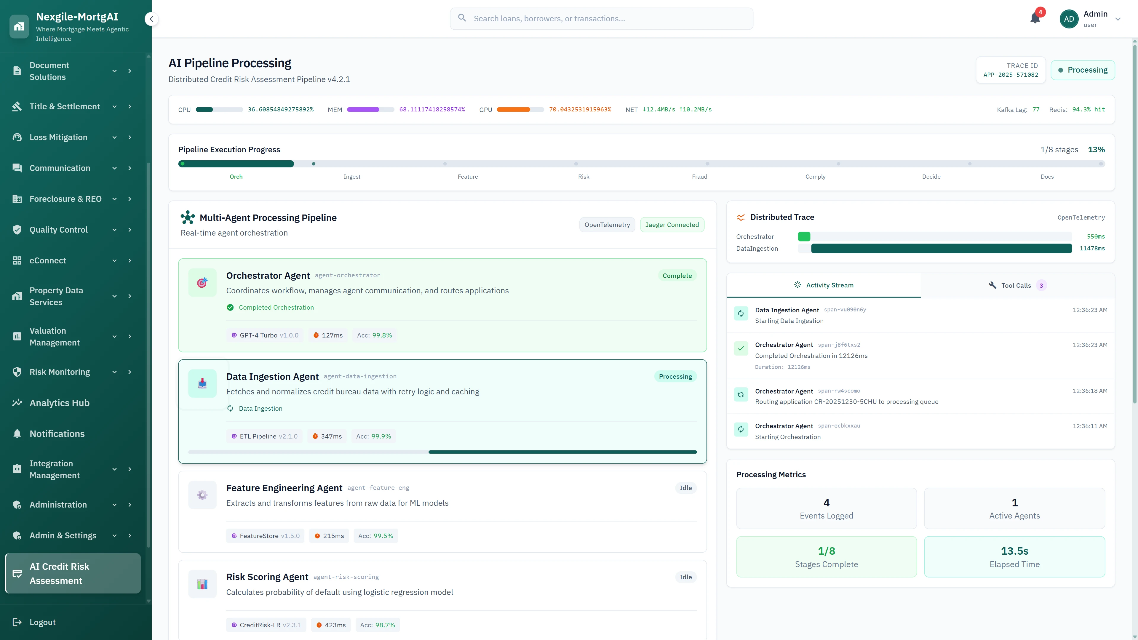 Illustrative preview (sample data, not verified outcomes): Real-time AI pipeline processing view showing multi-agent orchestration with distributed tracing, agent status, and processing metrics