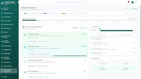 Illustrative preview (sample data, not verified outcomes): Real-time AI pipeline processing view showing multi-agent orchestration with distributed tracing, agent status, and processing metrics