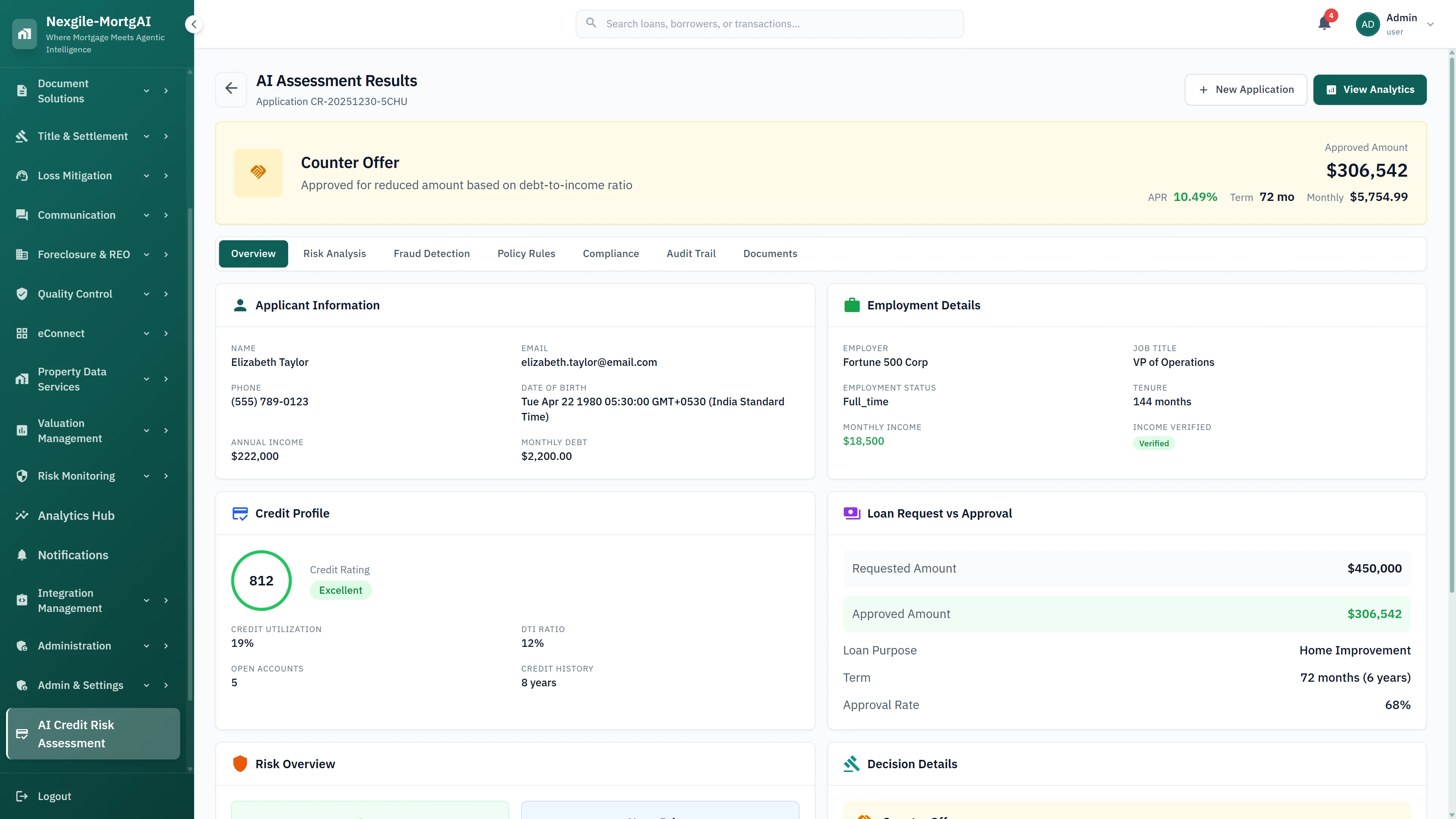 Illustrative preview (sample data, not verified outcomes): AI assessment results displaying counter offer decision with applicant details, credit profile score, employment verification, and loan terms