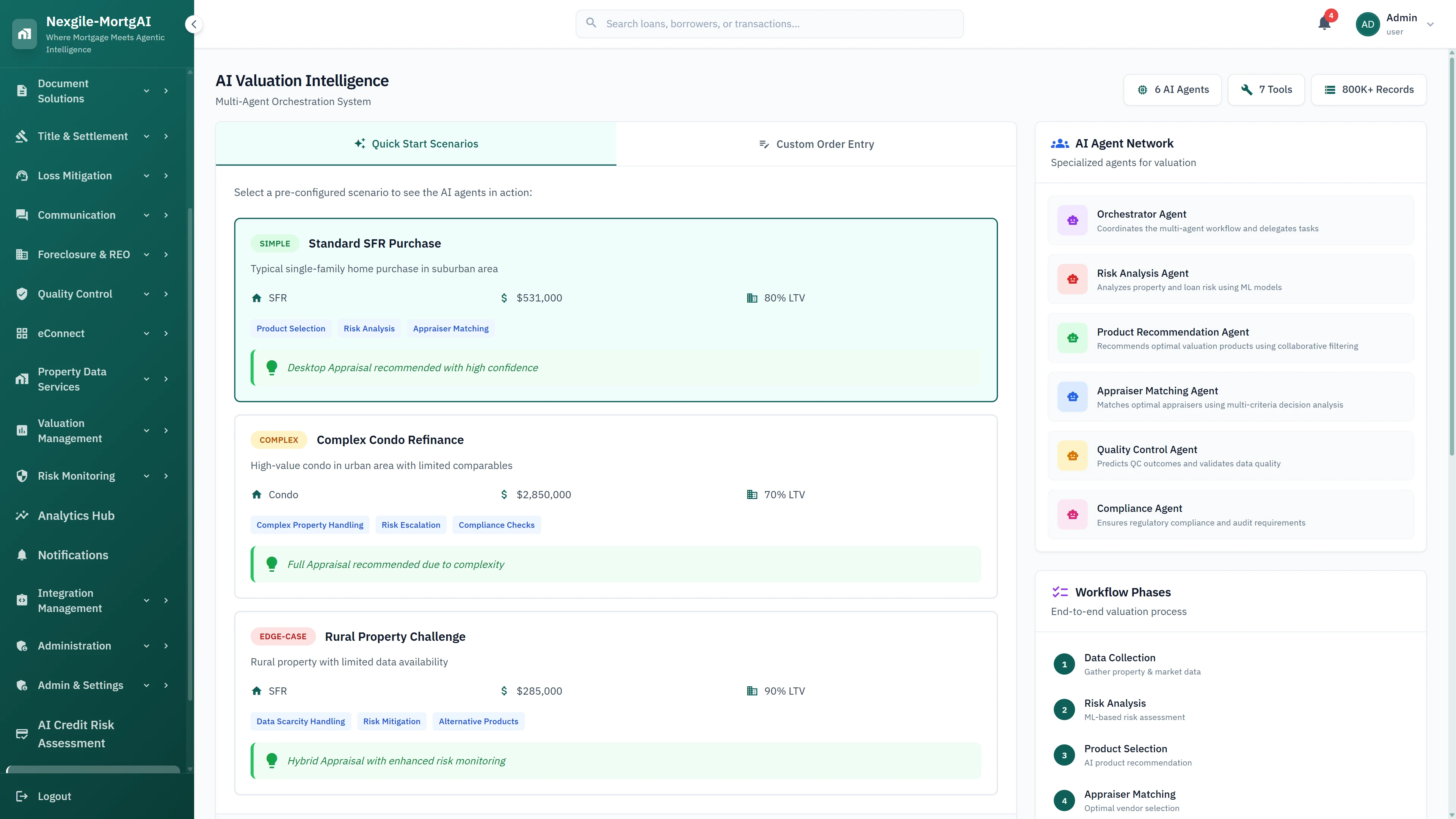 Illustrative preview (sample data, not verified outcomes): AI Valuation Intelligence interface with quick-start scenarios for SFR, condo, and rural properties showing product recommendations and 6-agent network