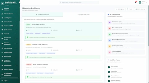 Illustrative preview (sample data, not verified outcomes): AI Valuation Intelligence interface with quick-start scenarios for SFR, condo, and rural properties showing product recommendations and 6-agent network