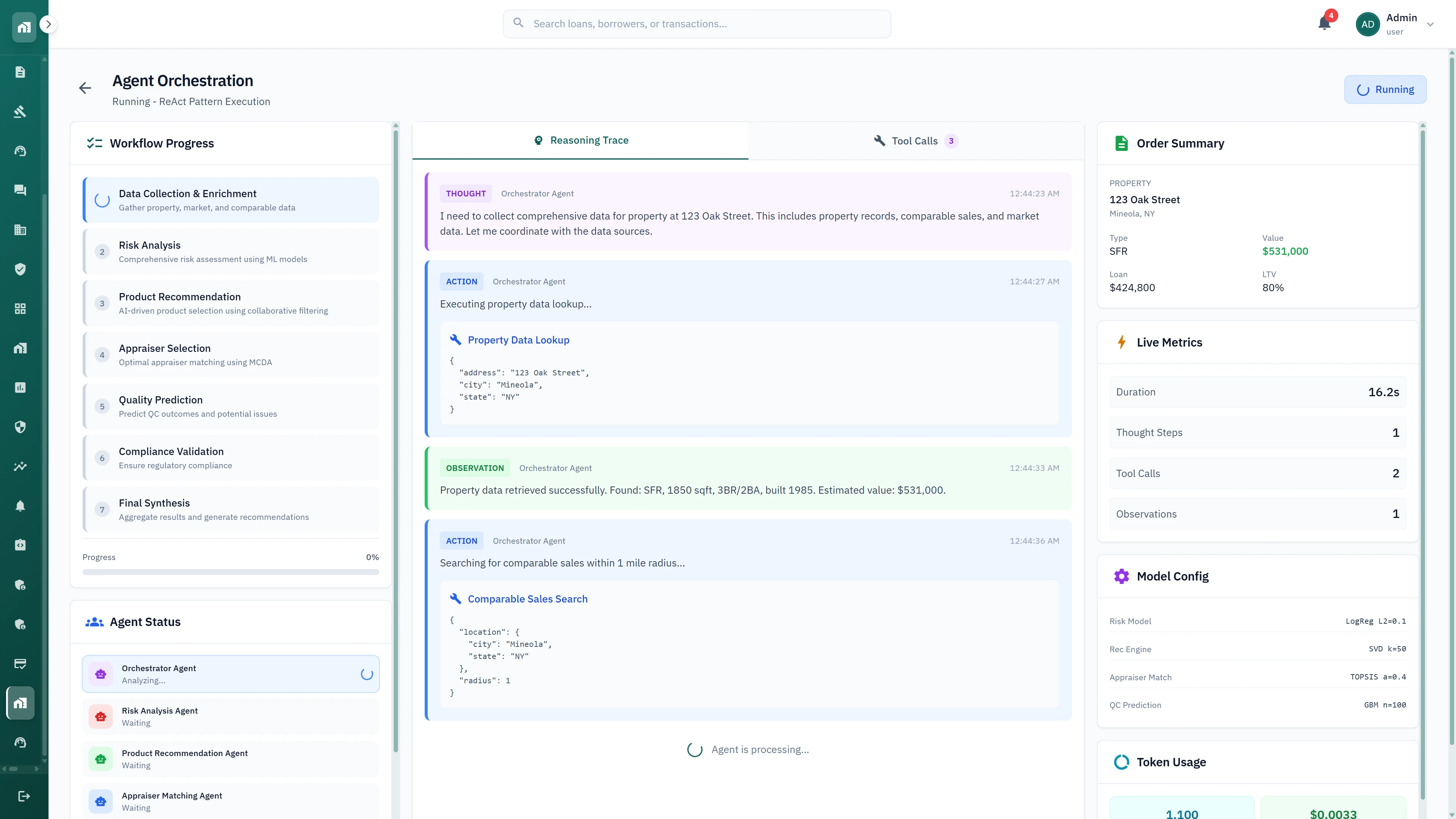 Illustrative preview (sample data, not verified outcomes): Agent orchestration view with ReAct reasoning trace showing property data lookup, comparable sales search, and live processing metrics