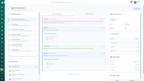 Illustrative preview (sample data, not verified outcomes): Agent orchestration view with ReAct reasoning trace showing property data lookup, comparable sales search, and live processing metrics