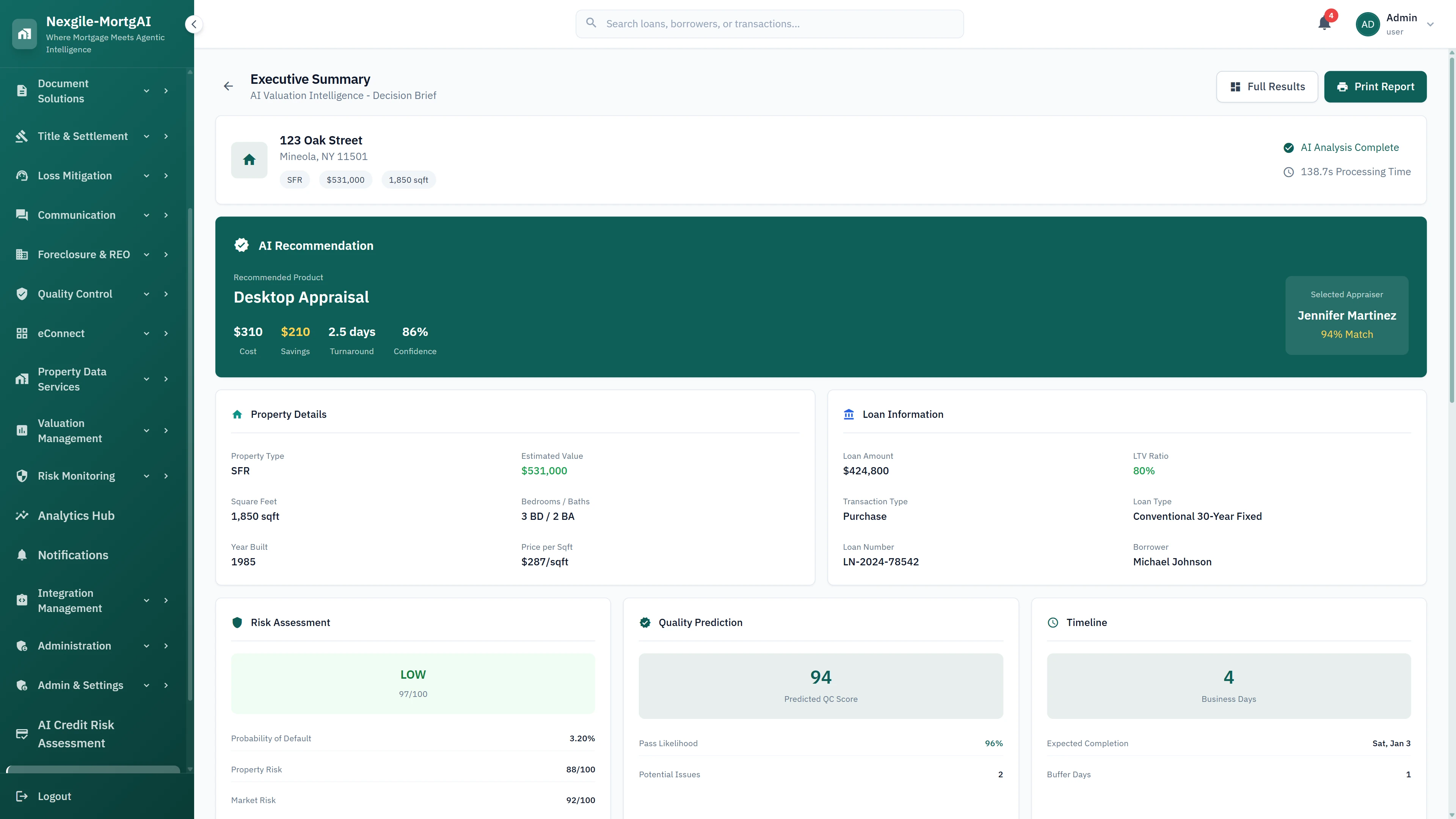Illustrative preview (sample data, not verified outcomes): Executive summary decision brief displaying final Desktop Appraisal recommendation with risk assessment, QC prediction, and projected timeline
