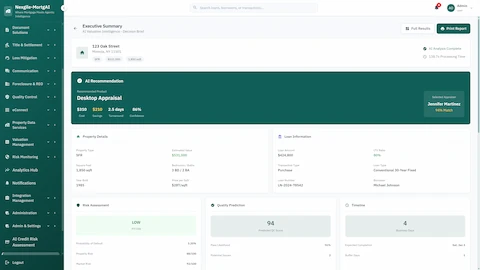 Illustrative preview (sample data, not verified outcomes): Executive summary decision brief displaying final Desktop Appraisal recommendation with risk assessment, QC prediction, and projected timeline
