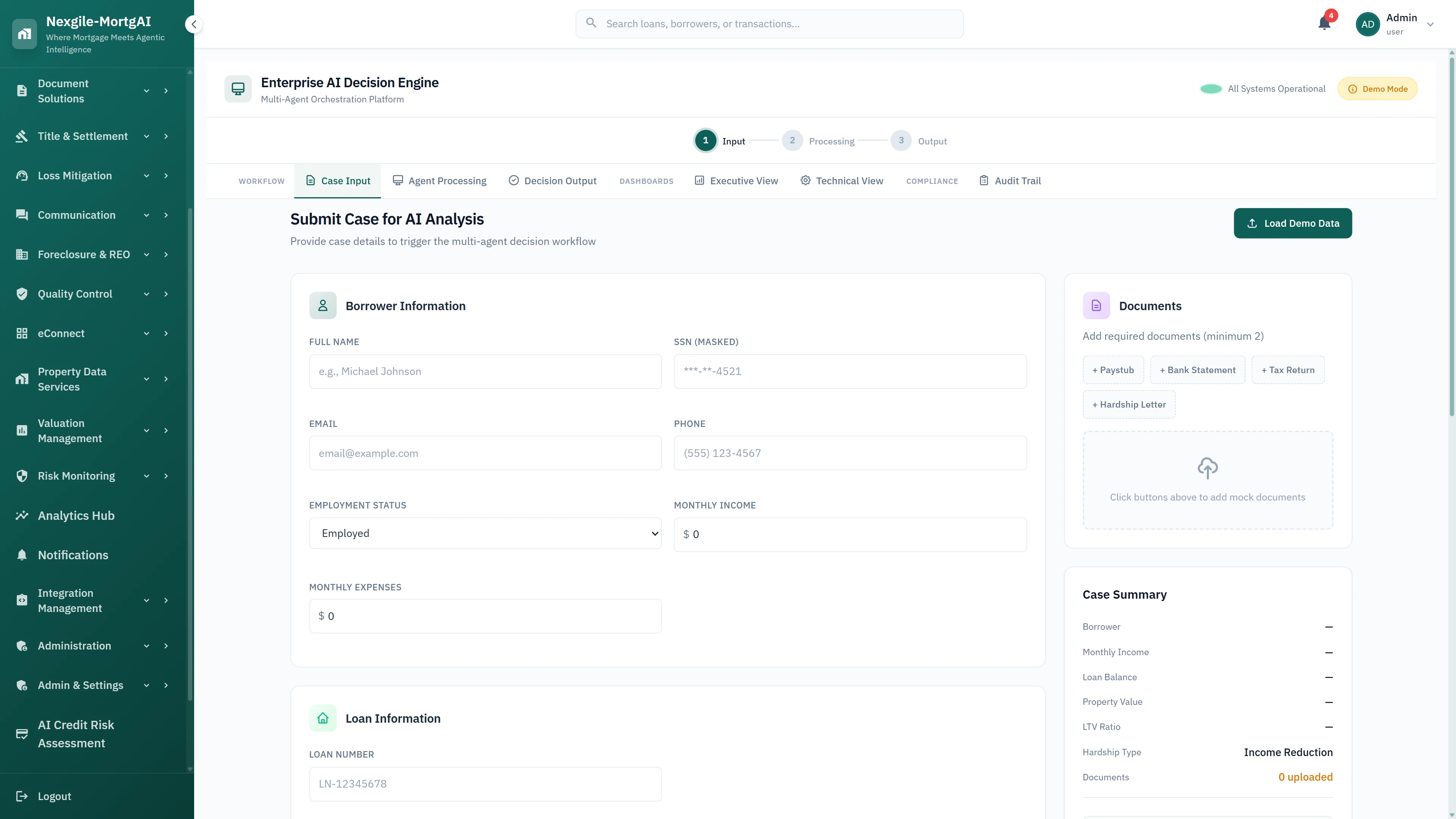 Illustrative preview (sample data, not verified outcomes): Enterprise AI Decision Engine case input form for borrower information, document upload (paystubs, bank statements, tax returns), and loan details