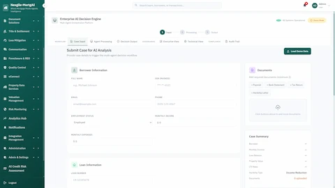 Illustrative preview (sample data, not verified outcomes): Enterprise AI Decision Engine case input form for borrower information, document upload (paystubs, bank statements, tax returns), and loan details