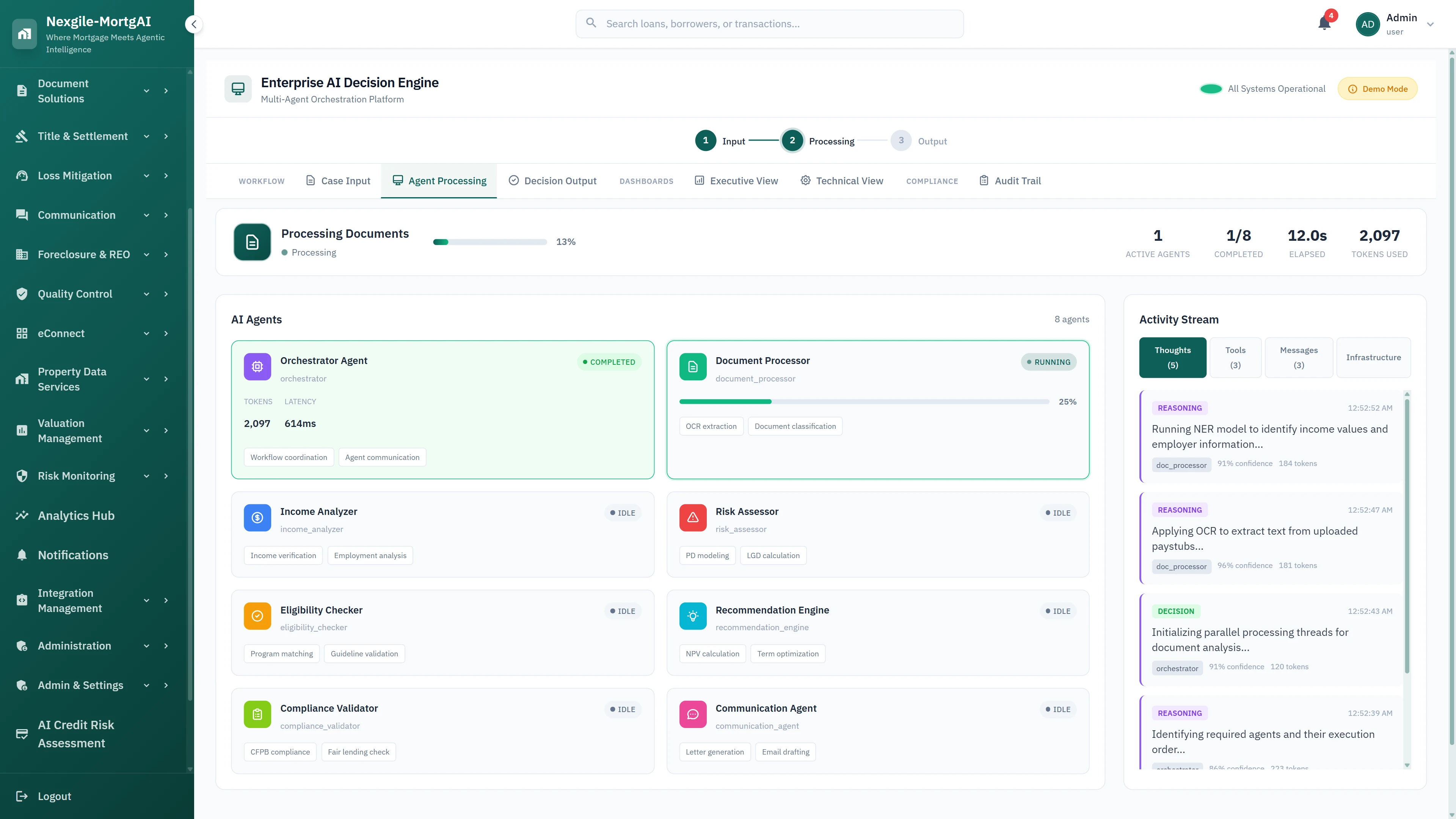 Illustrative preview (sample data, not verified outcomes): Multi-agent processing view showing 8 AI agents with real-time status, OCR document extraction, and activity stream with reasoning logs