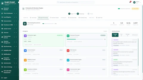 Illustrative preview (sample data, not verified outcomes): Multi-agent processing view showing 8 AI agents with real-time status, OCR document extraction, and activity stream with reasoning logs