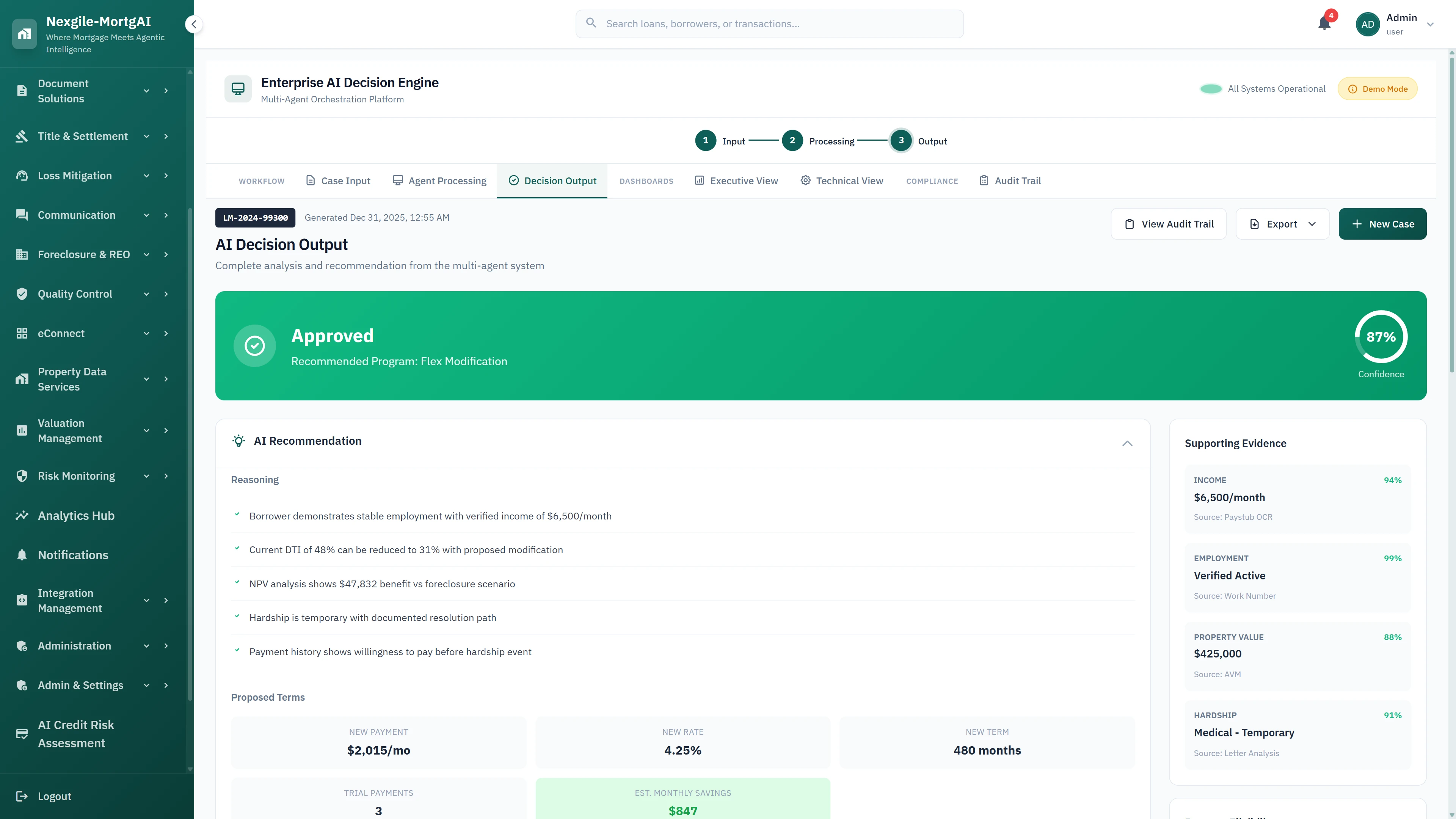 Illustrative preview (sample data, not verified outcomes): AI decision output displaying Flex Modification approval with NPV analysis, proposed payment terms, monthly savings, and supporting evidence