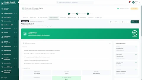 Illustrative preview (sample data, not verified outcomes): AI decision output displaying Flex Modification approval with NPV analysis, proposed payment terms, monthly savings, and supporting evidence