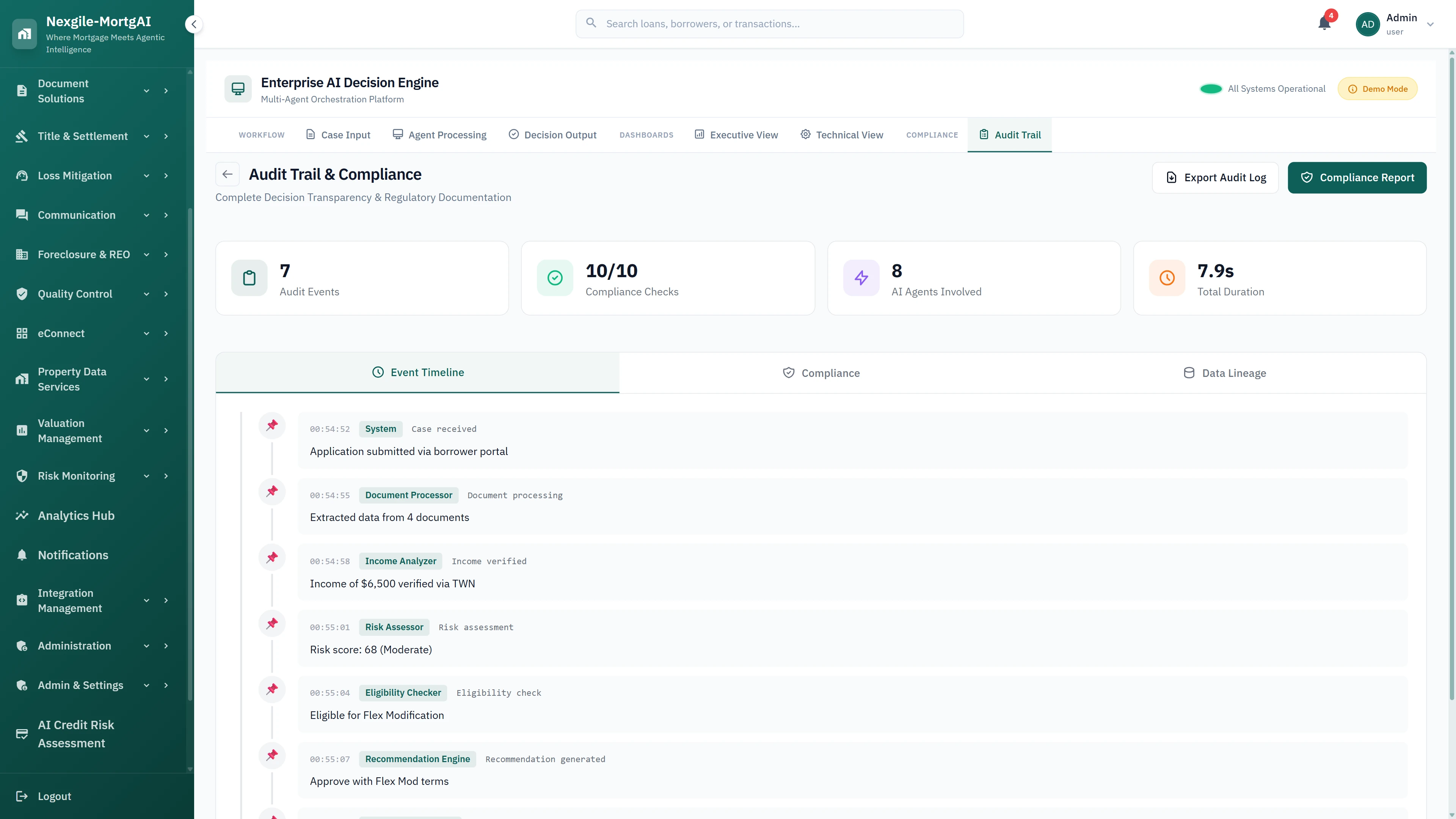 Illustrative preview (sample data, not verified outcomes): Audit trail and compliance view with event timeline, 10/10 compliance checks, agent processing history, and regulatory documentation