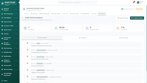 Illustrative preview (sample data, not verified outcomes): Audit trail and compliance view with event timeline, 10/10 compliance checks, agent processing history, and regulatory documentation