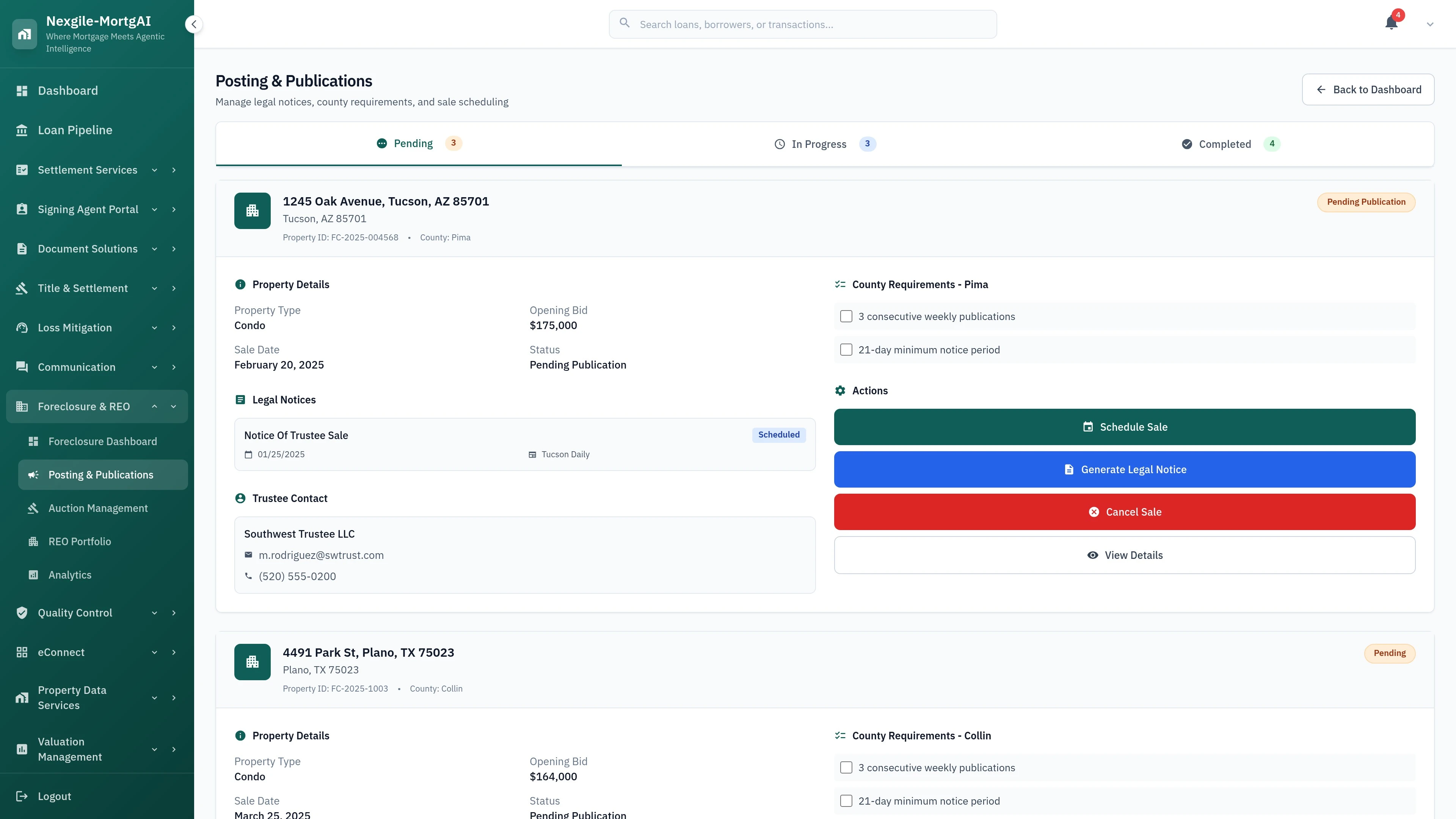 Illustrative preview (sample data, not verified outcomes): Foreclosure Posting Portal - Main Interface