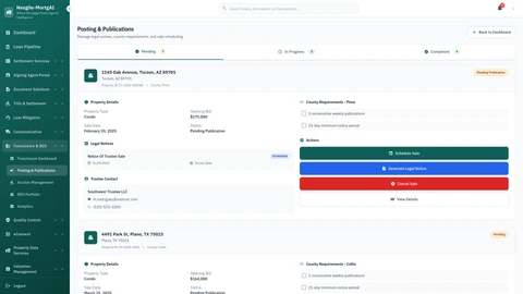 Illustrative preview (sample data, not verified outcomes): Foreclosure Posting Portal - Main Interface