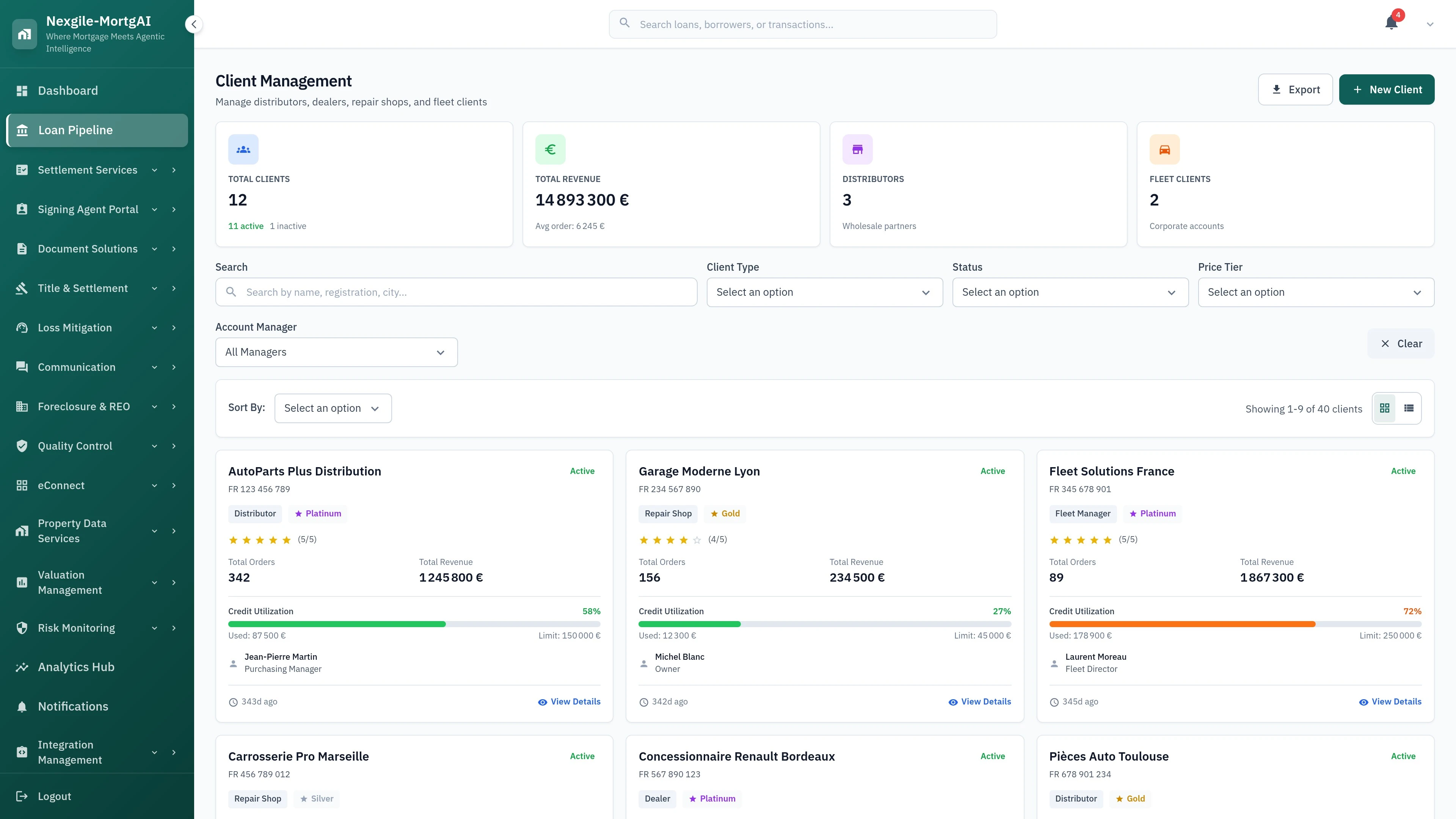 Illustrative preview (sample data, not verified outcomes): Client Management Interface - Multi-client portfolio overview