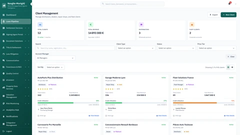 Illustrative preview (sample data, not verified outcomes): Client Management Interface - Multi-client portfolio overview