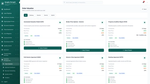 Illustrative preview (sample data, not verified outcomes): Valuation Order Interface - Property valuation ordering workflow