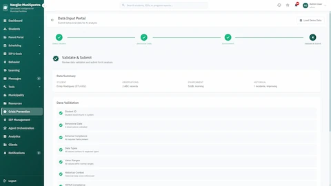 Illustrative preview (sample data, not verified outcomes): Data Input Portal - Behavioral data submission with validation steps for student selection, ABC records, environmental data, and HIPAA compliance checks