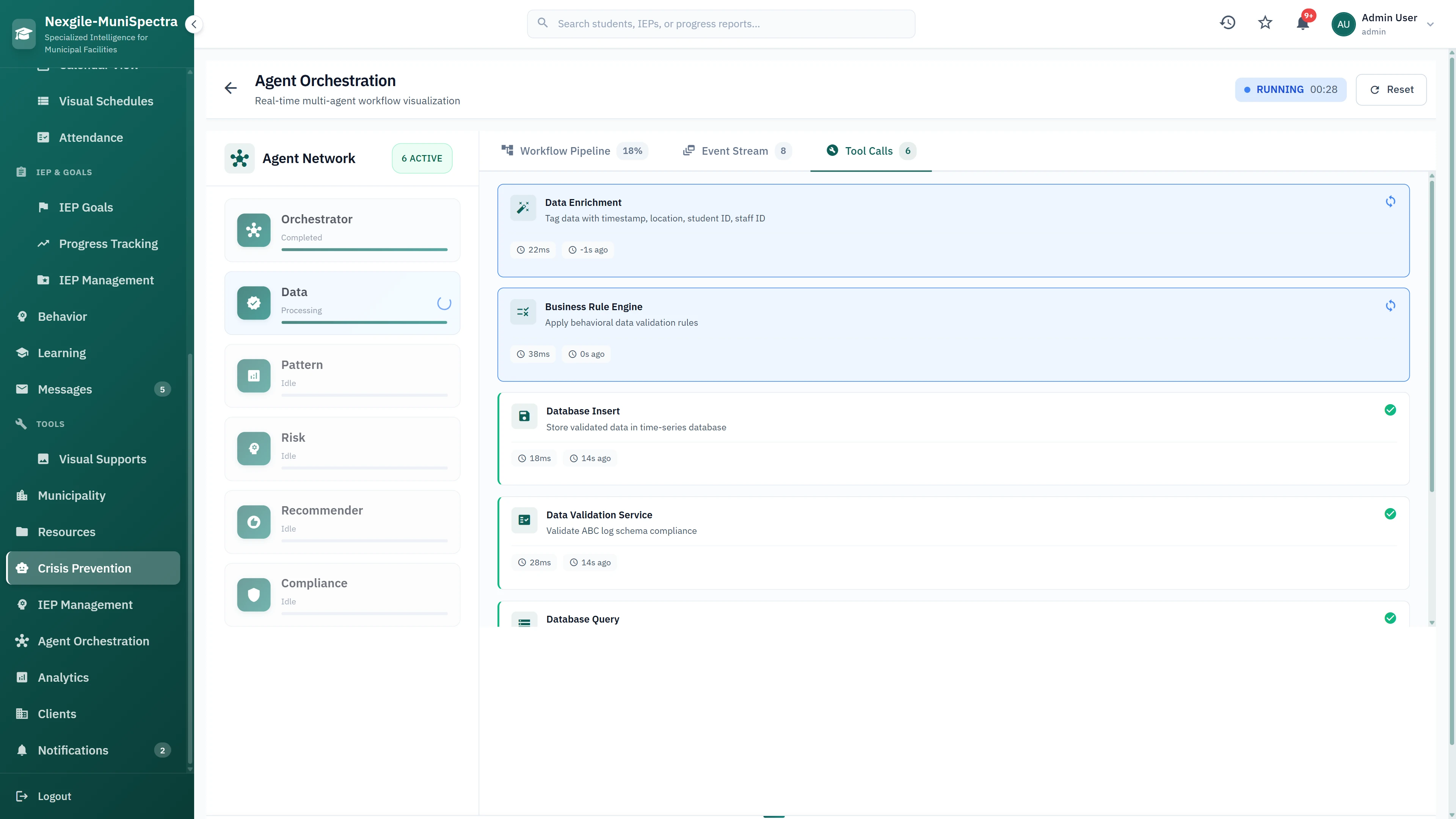 Illustrative preview (sample data, not verified outcomes): Agent Orchestration - Real-time multi-agent workflow visualization with active agent network, tool calls, and data enrichment pipeline