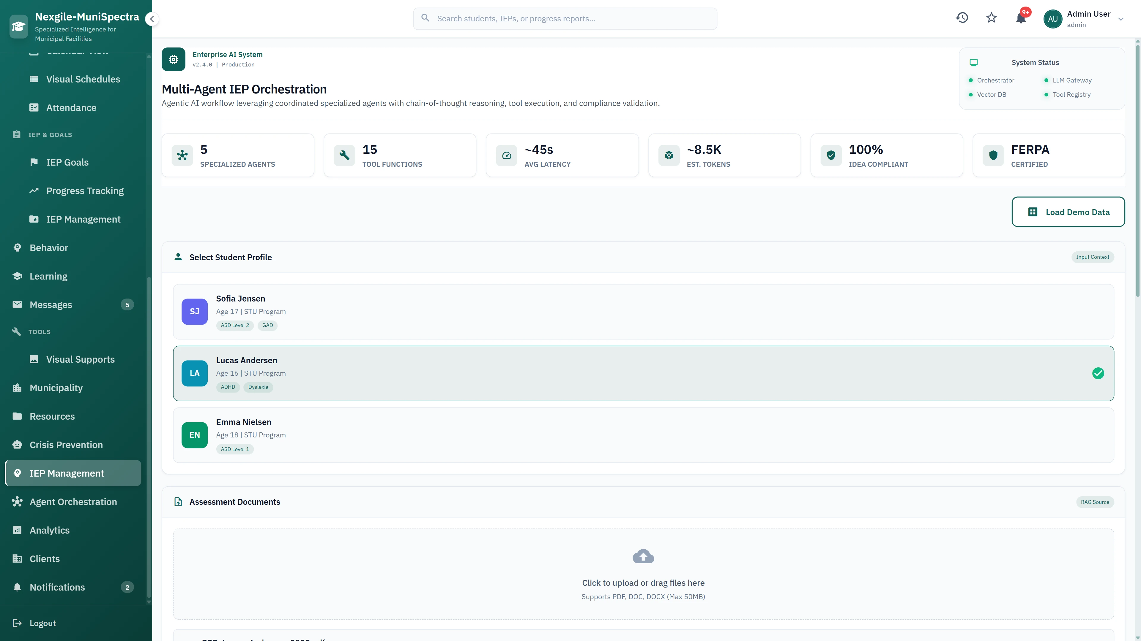 Illustrative preview (sample data, not verified outcomes): Multi-Agent IEP Orchestration - Student profile selection with STU program participants, assessment document upload, and FERPA-certified system status