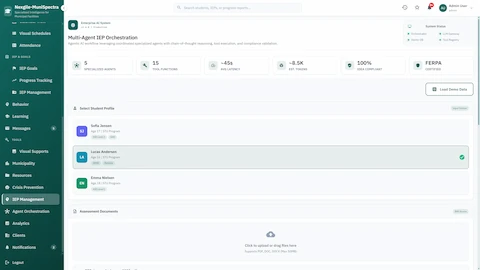 Illustrative preview (sample data, not verified outcomes): Multi-Agent IEP Orchestration - Student profile selection with STU program participants, assessment document upload, and FERPA-certified system status