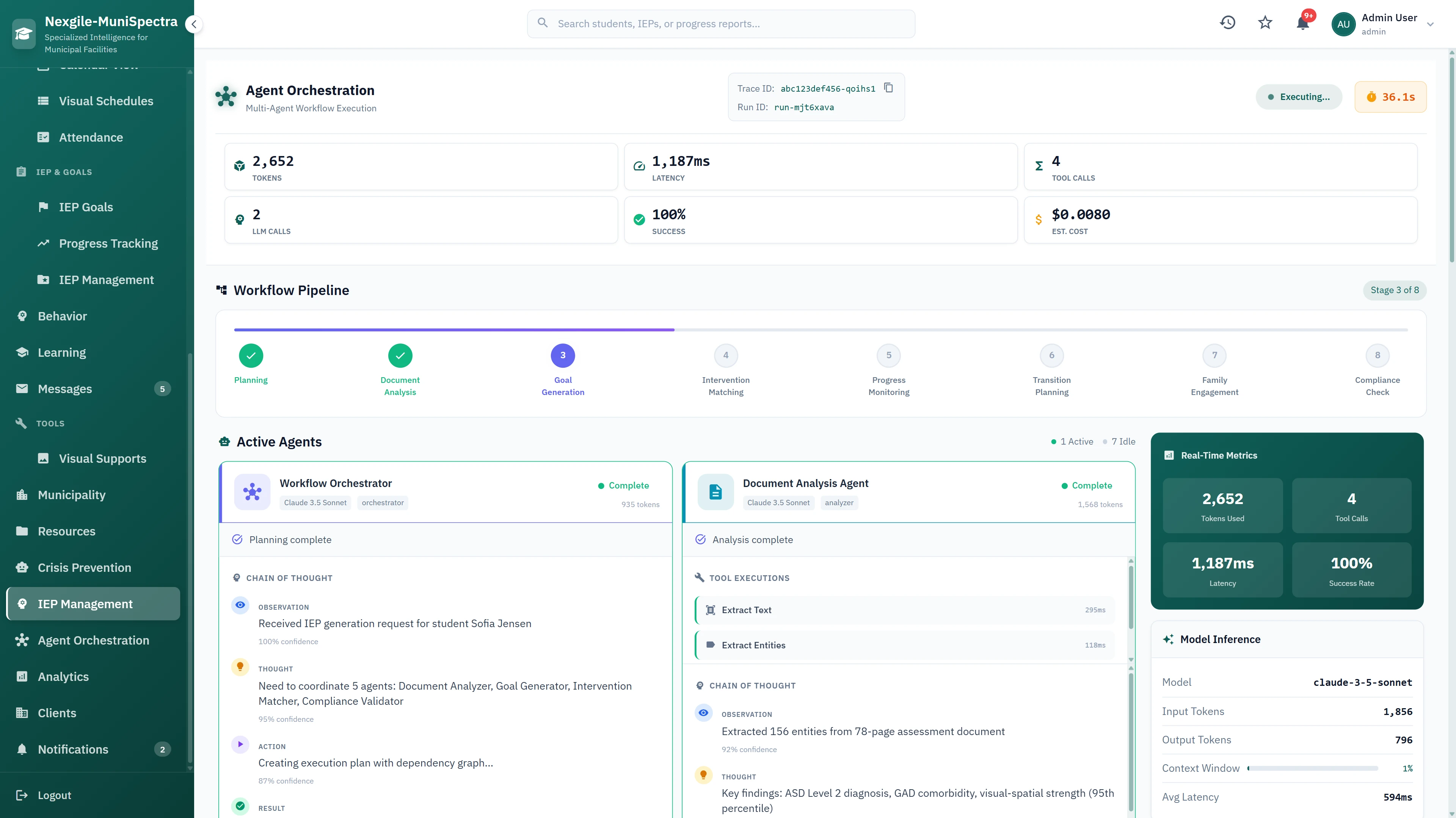 Illustrative preview (sample data, not verified outcomes): Agent Orchestration Pipeline - Workflow execution with active agents (Document Analyzer, Goal Generator) showing real-time tokens, latency, and model inference metrics