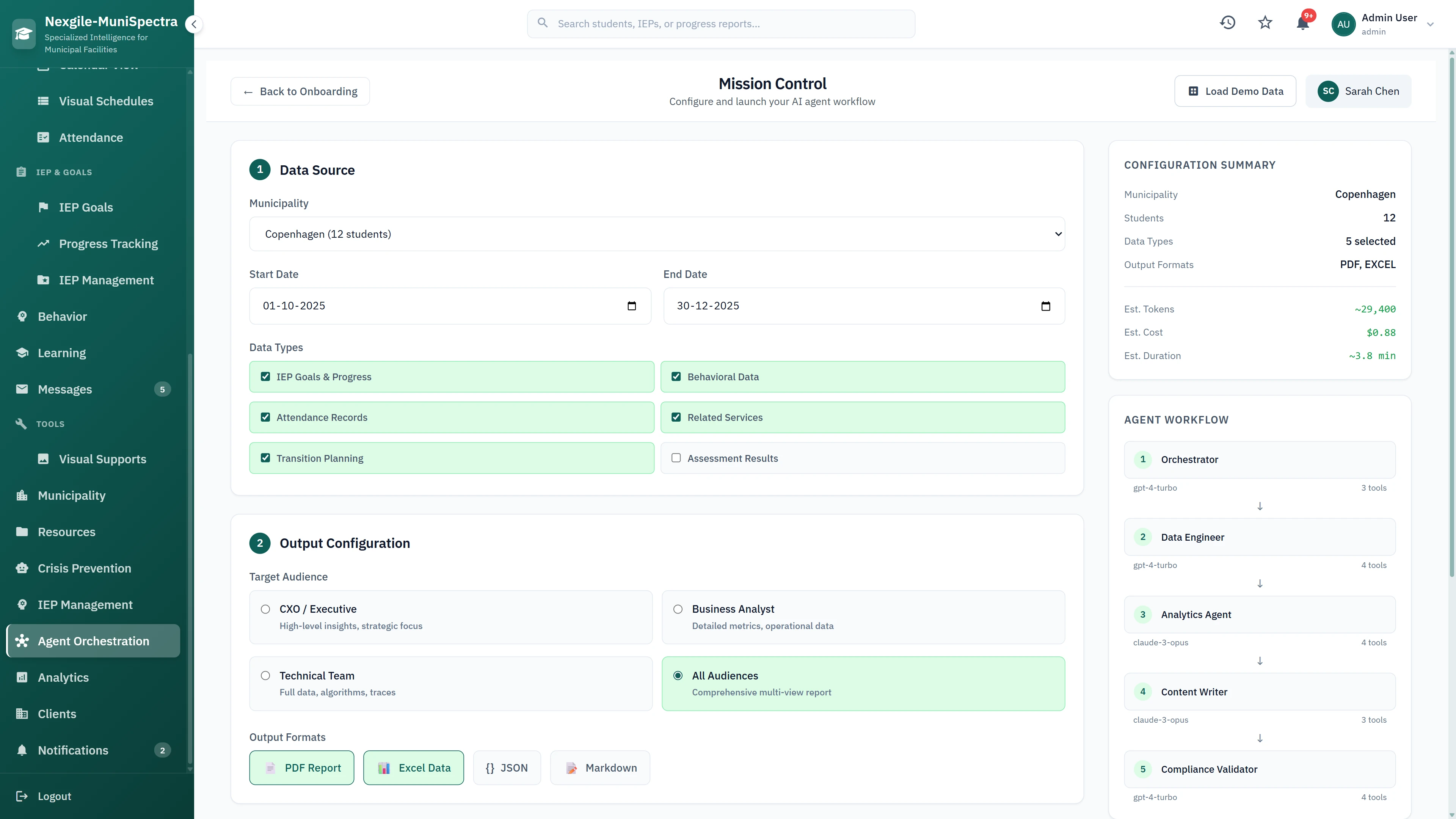 Illustrative preview (sample data, not verified outcomes): Mission Control - Municipality report configuration with data source selection, output formats (PDF, Excel, JSON), target audience settings, and agent workflow overview