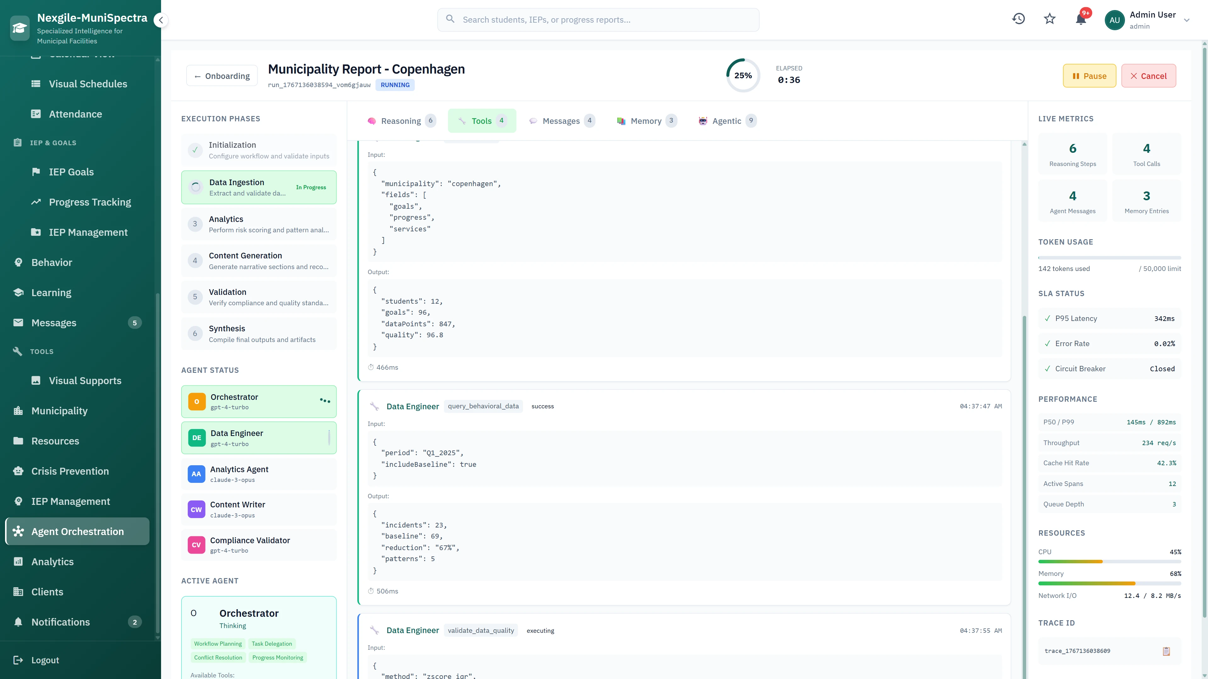 Illustrative preview (sample data, not verified outcomes): Municipality Report Generation - Real-time execution phases with agent status tracking, live metrics, and multi-agent data processing pipeline