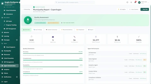 Illustrative preview (sample data, not verified outcomes): Quality Assessment Dashboard - Report quality dimensions (accuracy, completeness, readability, compliance) with agent performance metrics and self-healing events