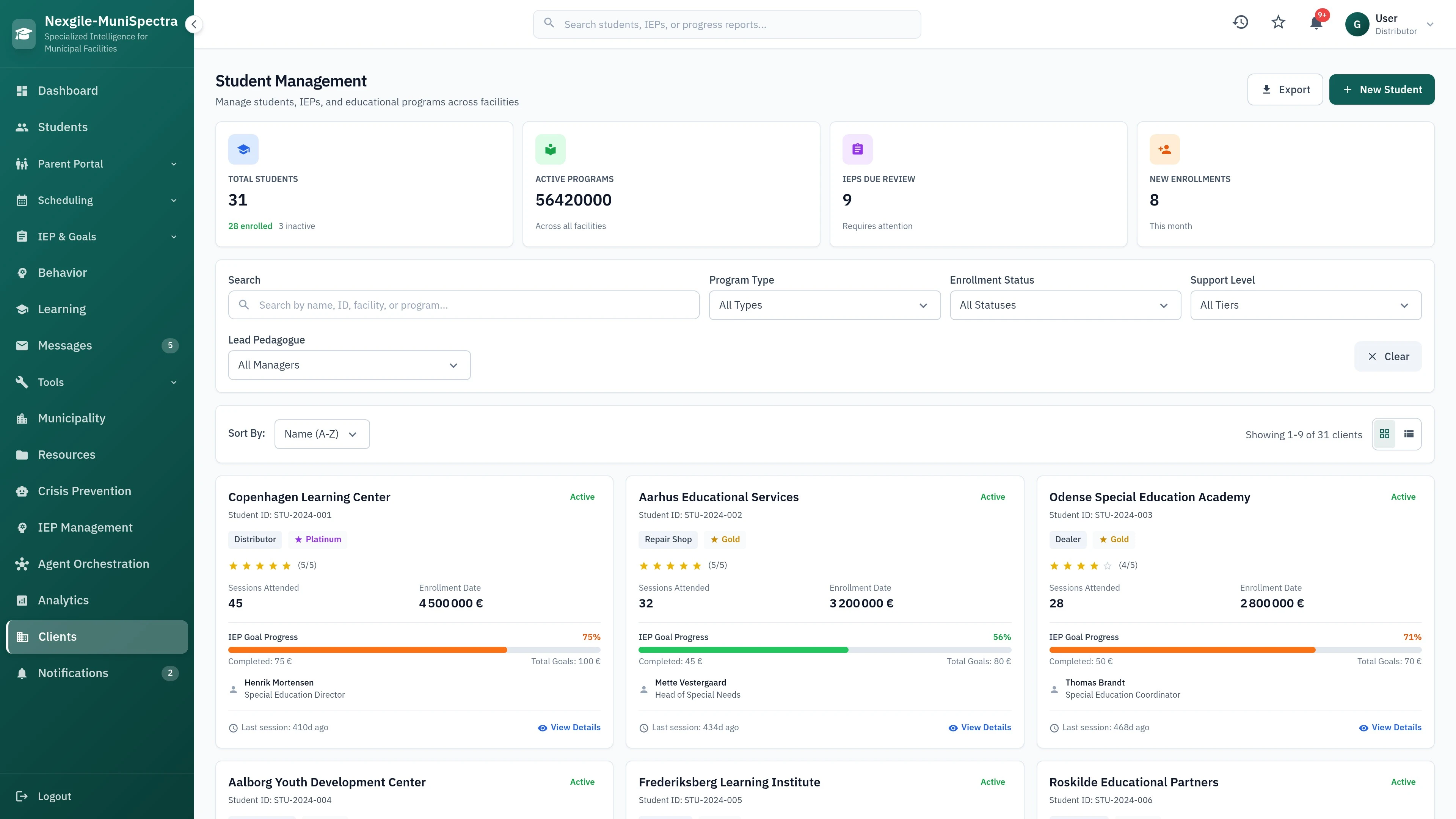 Illustrative preview (sample data, not verified outcomes): Clients Portal - Main dashboard view showcasing client management interface