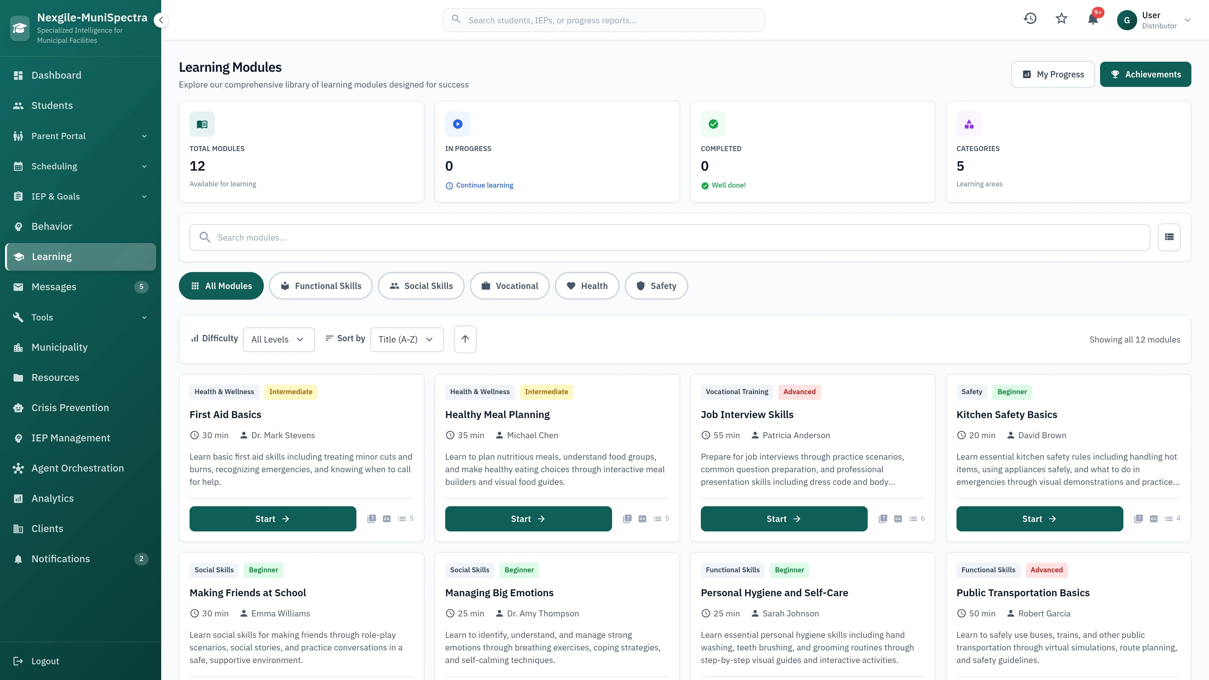 Illustrative preview (sample data, not verified outcomes): Learning Modules Interface - Interactive module navigation and course management