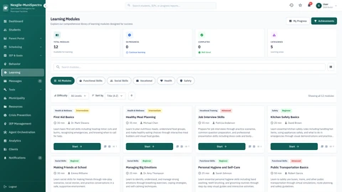 Illustrative preview (sample data, not verified outcomes): Learning Modules Interface - Interactive module navigation and course management