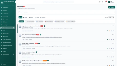 Illustrative preview (sample data, not verified outcomes): Messages Interface - Secure multi-stakeholder communication and collaboration platform