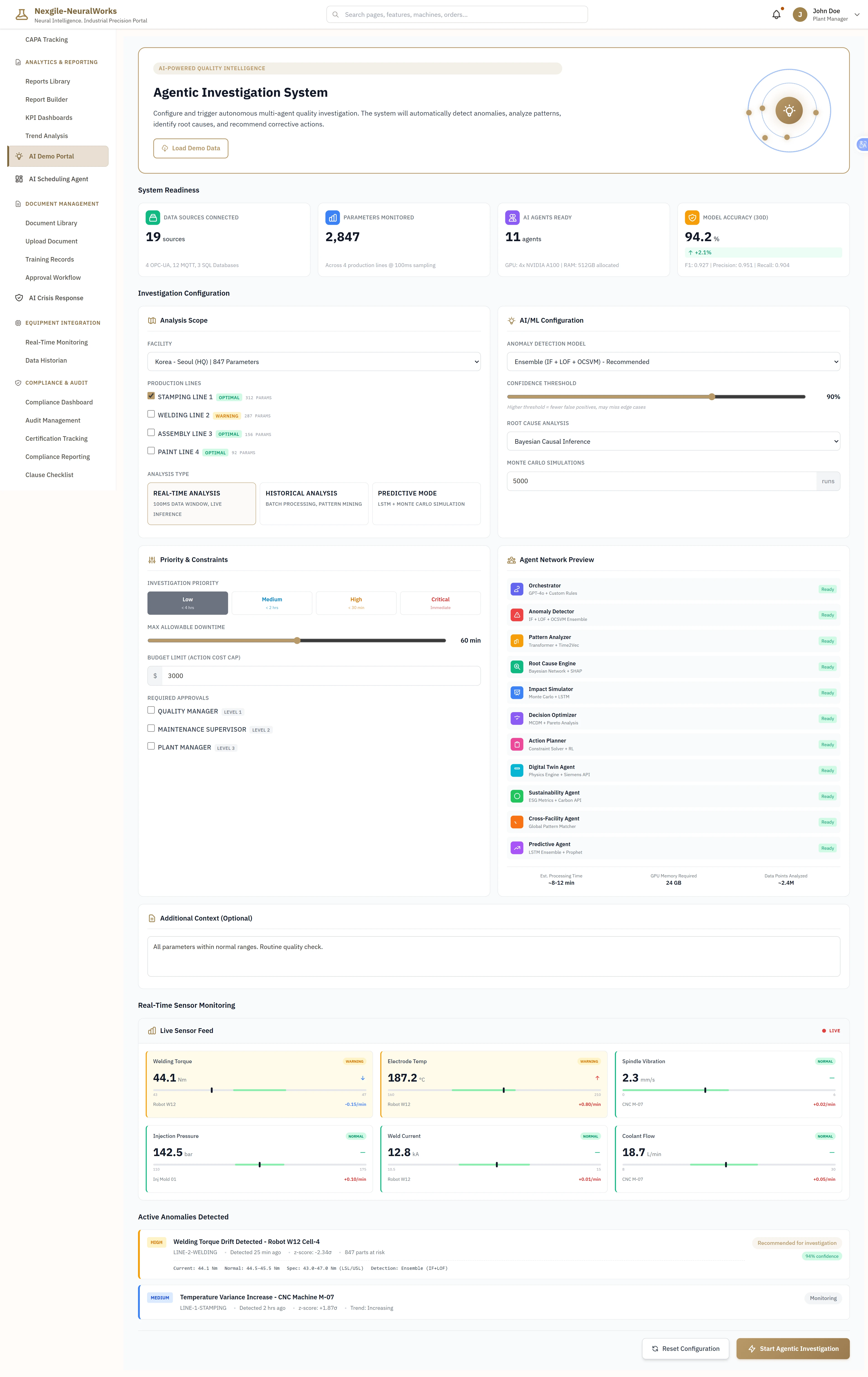 Illustrative preview (sample data, not verified outcomes): Agentic Investigation System Configuration - Comprehensive setup interface displaying system readiness metrics (2,847 parameters monitored across 19 data sources, 11 AI agents ready, 94.2% model accuracy), investigation scope configuration with facility and production line selection, AUML anomaly detection model settings with configurable confidence thresholds, priority and constraint management, agent network preview showing all 11 specialized agents, real-time sensor monitoring with live feeds tracking critical parameters (welding torque, electrode temp, injection pressure, mold current, spindle vibration, coolant flow), and active anomaly detection alerts identifying quality issues requiring investigation
