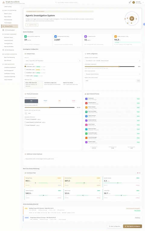 Illustrative preview (sample data, not verified outcomes): Agentic Investigation System Configuration - Comprehensive setup interface displaying system readiness metrics (2,847 parameters monitored across 19 data sources, 11 AI agents ready, 94.2% model accuracy), investigation scope configuration with facility and production line selection, AUML anomaly detection model settings with configurable confidence thresholds, priority and constraint management, agent network preview showing all 11 specialized agents, real-time sensor monitoring with live feeds tracking critical parameters (welding torque, electrode temp, injection pressure, mold current, spindle vibration, coolant flow), and active anomaly detection alerts identifying quality issues requiring investigation