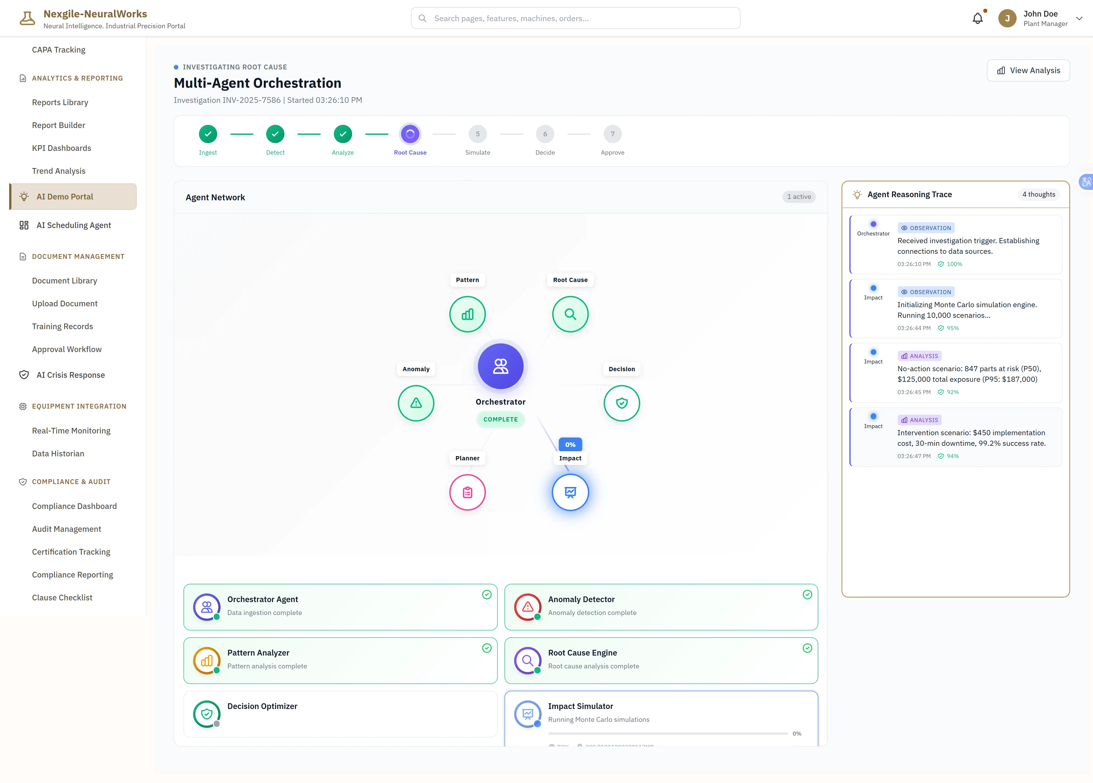 Illustrative preview (sample data, not verified outcomes): Multi-Agent Orchestration in Progress - Real-time visualization of the 11-agent collaborative investigation workflow progressing through seven stages (Ingest → Detect → Analyze → Root Cause → Simulate → Decide → Approve). Features interactive agent network diagram showing the Orchestrator Agent coordinating Pattern Analyzer, Anomaly Detector, Root Cause Engine, Decision Optimizer, Impact Simulator, and Action Planner. Includes Agent Reasoning Trace panel displaying live AI thought processes with timestamped observations, impact analysis showing 847 parts at risk with $125,000 exposure, and agent status cards indicating completion progress for each specialized agent