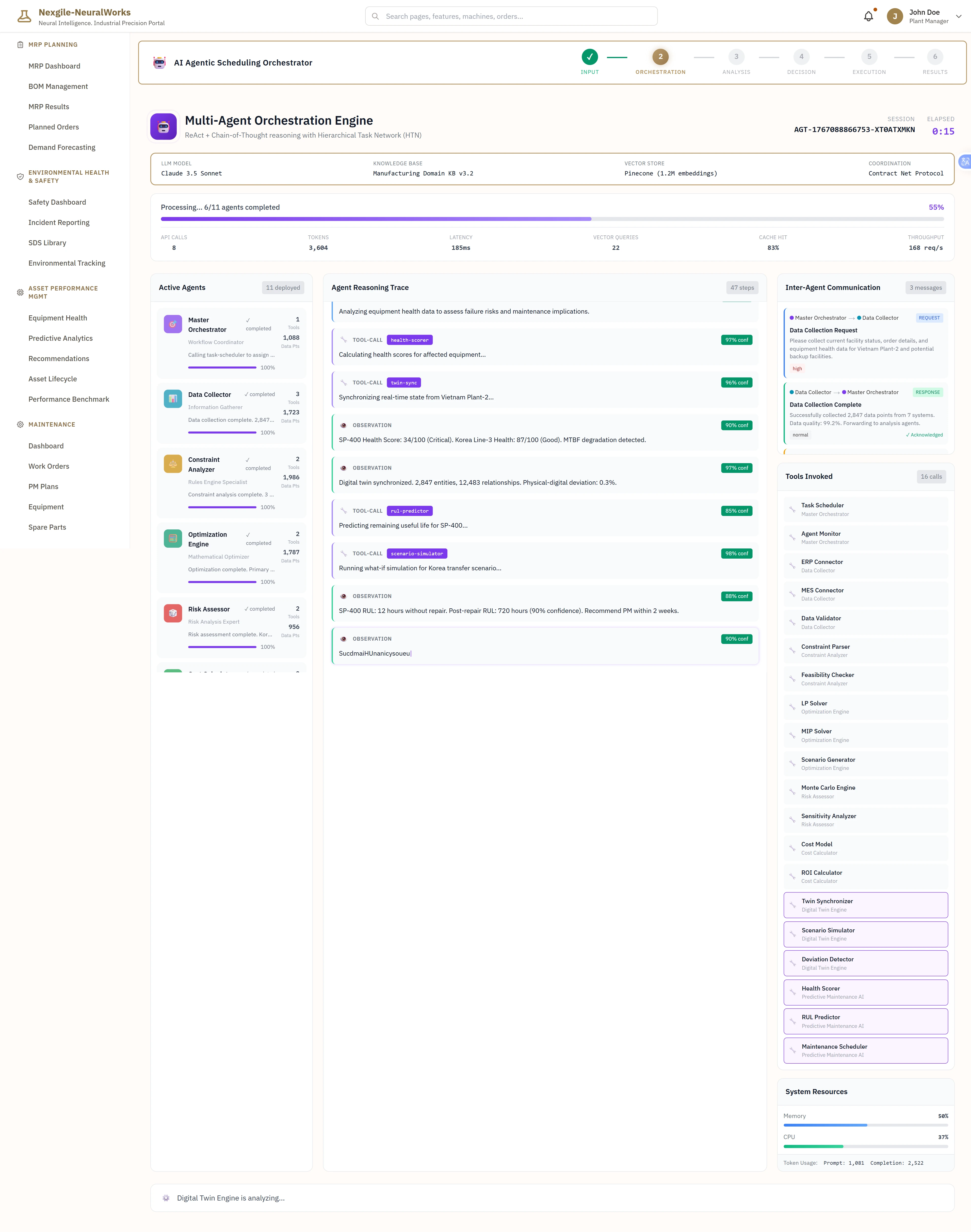 Illustrative preview (sample data, not verified outcomes): Multi-Agent Orchestration Engine - Real-time Hierarchical Task Network (HTN) execution dashboard showing Claude 3.5 Sonnet LLM model orchestrating 11 agents across Manufacturing Domain KB v3.2 knowledge base and Pinecone vector store (1.2M embeddings) using Contract Net Protocol coordination. Displays processing progress (6/11 agents completed, 55% complete) with API calls (6), context size (3,088), latency (183ms), and vector queries (22) metrics. Features Active Agents panel showing Master Orchestrator (1 invoked, 5,088 tokens), Data Collector (2 invoked, 1,723 tokens), Constraint Analyzer (2 completed, 1,965 tokens), Optimization Engine (2 completed, 1,787 tokens), and Risk Assessor (2 completed, 956 tokens) with progress bars at 100%. Includes Agent Reasoning Trace displaying detailed thought processes: equipment health data analysis for failure risks, facility synchronization from Vietnam Plant-2, digital twin analysis with 2,847 entities and 12,483 relationships showing <1% physical-digital deviation, and Monte Carlo simulation predictions. Shows Inter-Agent Communication panel with message exchanges between Master Orchestrator and Data Collector regarding facility capacity, order details, and production schedules. Lists comprehensive Tools Involved including Task Scheduler, Agent Monitor, ERP Connector, MES Connector, Data Validator, Constraint Parser, Feasibility Checker, LP Solver, MIP Solver, Scenario Generator, Monte Carlo Engine, Sensitivity Analyzer, Cost Model, and ROI Calculator. Displays System Resources utilization (Memory 18%, CPU 17%)