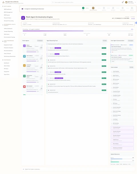 Illustrative preview (sample data, not verified outcomes): Multi-Agent Orchestration Engine - Real-time Hierarchical Task Network (HTN) execution dashboard showing Claude 3.5 Sonnet LLM model orchestrating 11 agents across Manufacturing Domain KB v3.2 knowledge base and Pinecone vector store (1.2M embeddings) using Contract Net Protocol coordination. Displays processing progress (6/11 agents completed, 55% complete) with API calls (6), context size (3,088), latency (183ms), and vector queries (22) metrics. Features Active Agents panel showing Master Orchestrator (1 invoked, 5,088 tokens), Data Collector (2 invoked, 1,723 tokens), Constraint Analyzer (2 completed, 1,965 tokens), Optimization Engine (2 completed, 1,787 tokens), and Risk Assessor (2 completed, 956 tokens) with progress bars at 100%. Includes Agent Reasoning Trace displaying detailed thought processes: equipment health data analysis for failure risks, facility synchronization from Vietnam Plant-2, digital twin analysis with 2,847 entities and 12,483 relationships showing <1% physical-digital deviation, and Monte Carlo simulation predictions. Shows Inter-Agent Communication panel with message exchanges between Master Orchestrator and Data Collector regarding facility capacity, order details, and production schedules. Lists comprehensive Tools Involved including Task Scheduler, Agent Monitor, ERP Connector, MES Connector, Data Validator, Constraint Parser, Feasibility Checker, LP Solver, MIP Solver, Scenario Generator, Monte Carlo Engine, Sensitivity Analyzer, Cost Model, and ROI Calculator. Displays System Resources utilization (Memory 18%, CPU 17%)